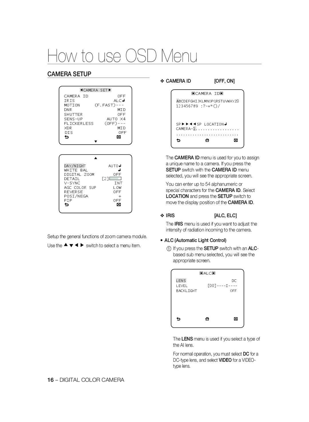 Samsung SCC-B1331P, SCC-B1031P manual Camera Setup, Camera ID, Iris, Lens menu is used if you select a type of the AI lens 