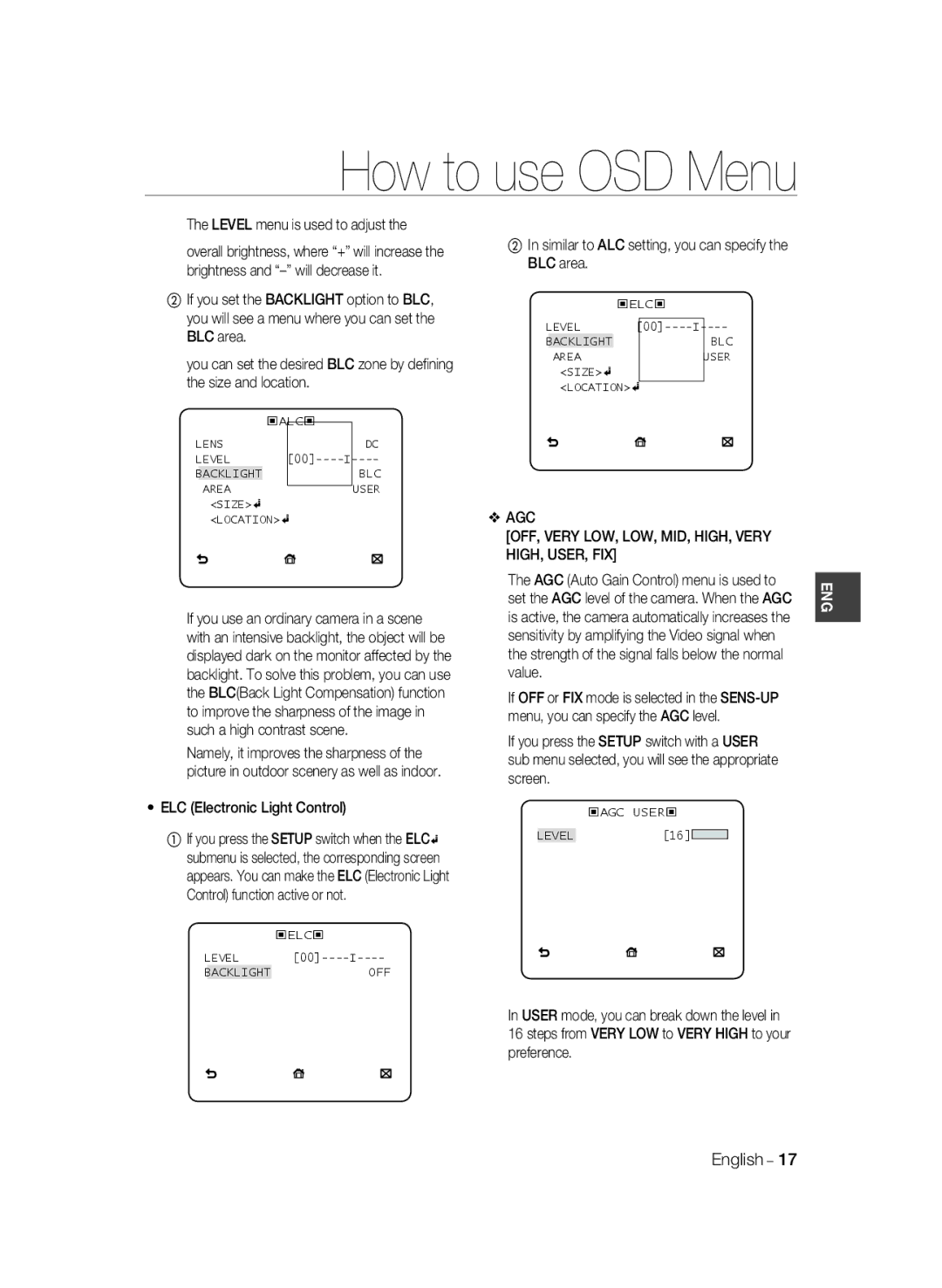 Samsung SCC-B1331BP, SCC-B1031P, SCC-B1331P, SCC-B1311P, SCC-B1031BP AGC OFF, Very LOW, LOW, MID, HIGH, Very HIGH, USER, FIX 