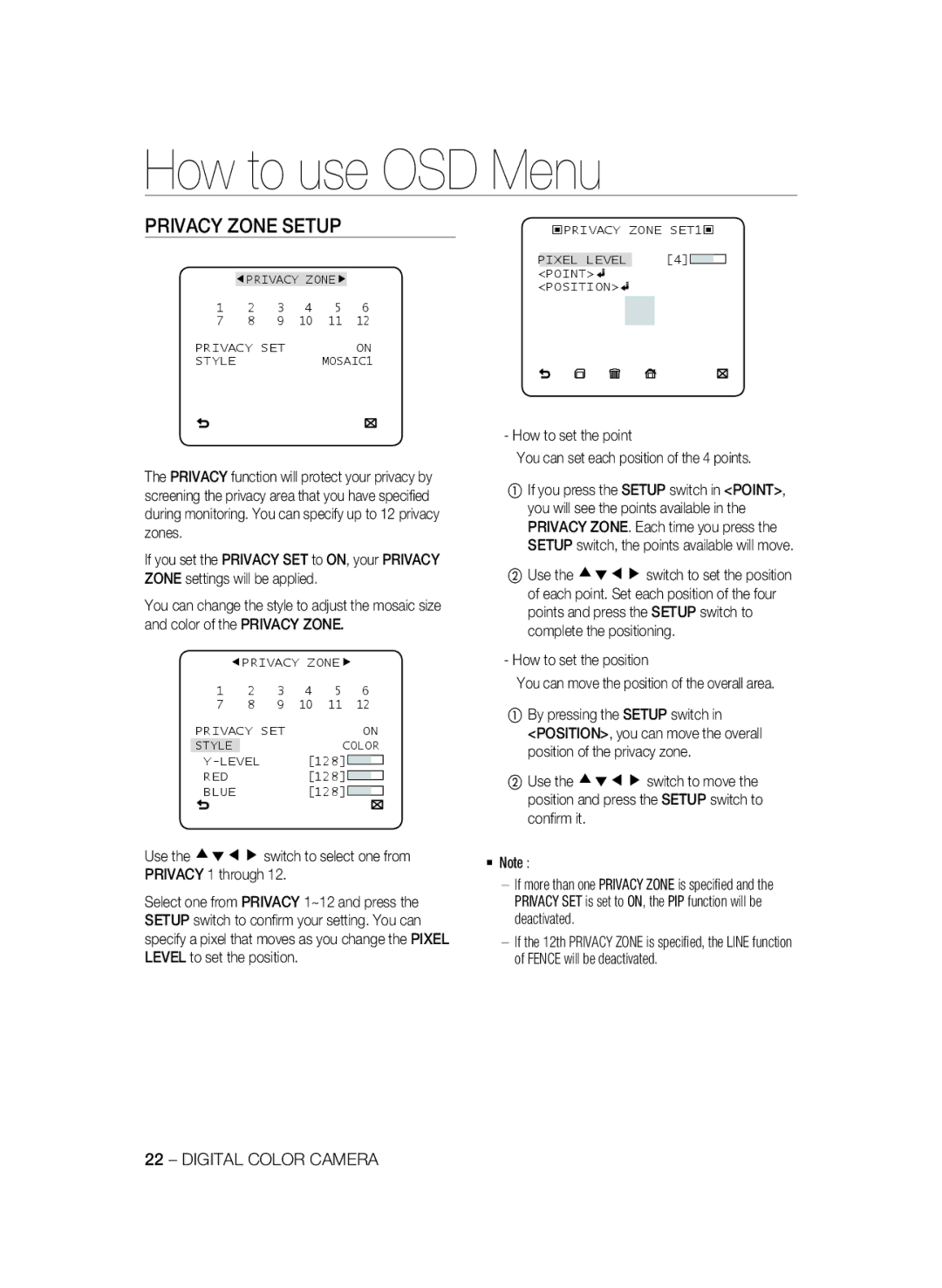 Samsung SCC-B1331BP, SCC-B1031P, SCC-B1331P Privacy Zone Setup, Use the cdef switch to select one from Privacy 1 through 