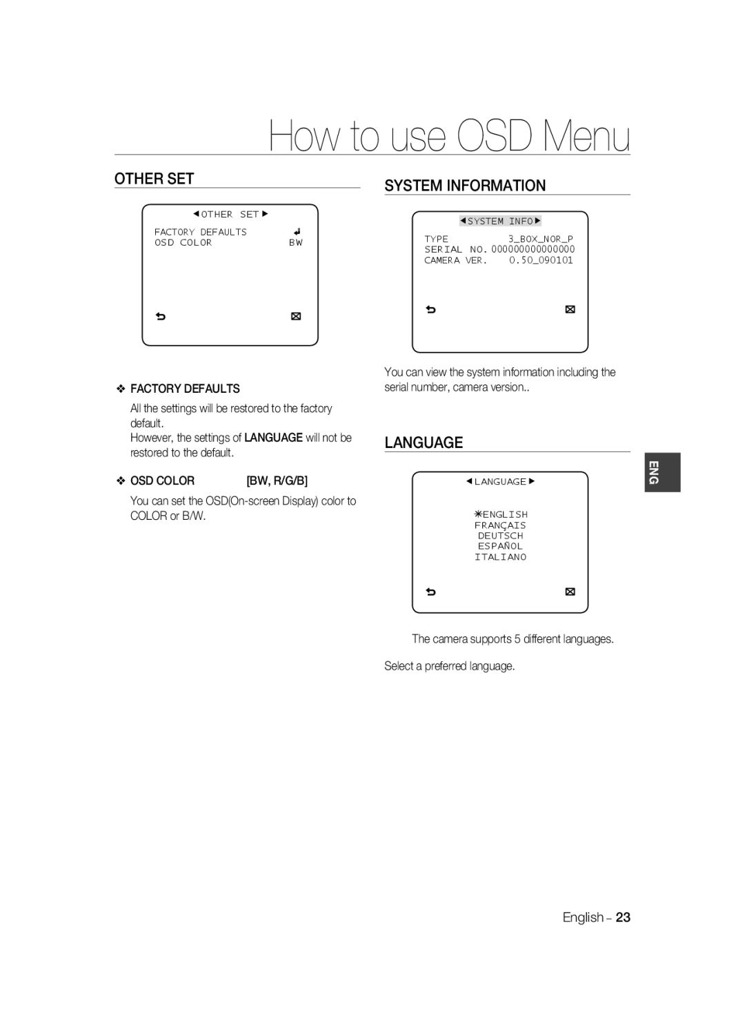 Samsung SCC-B1311P, SCC-B1031P, SCC-B1331P, SCC-B1331BP Other SET, System Information, Language, Factory Defaults, OSD Color 