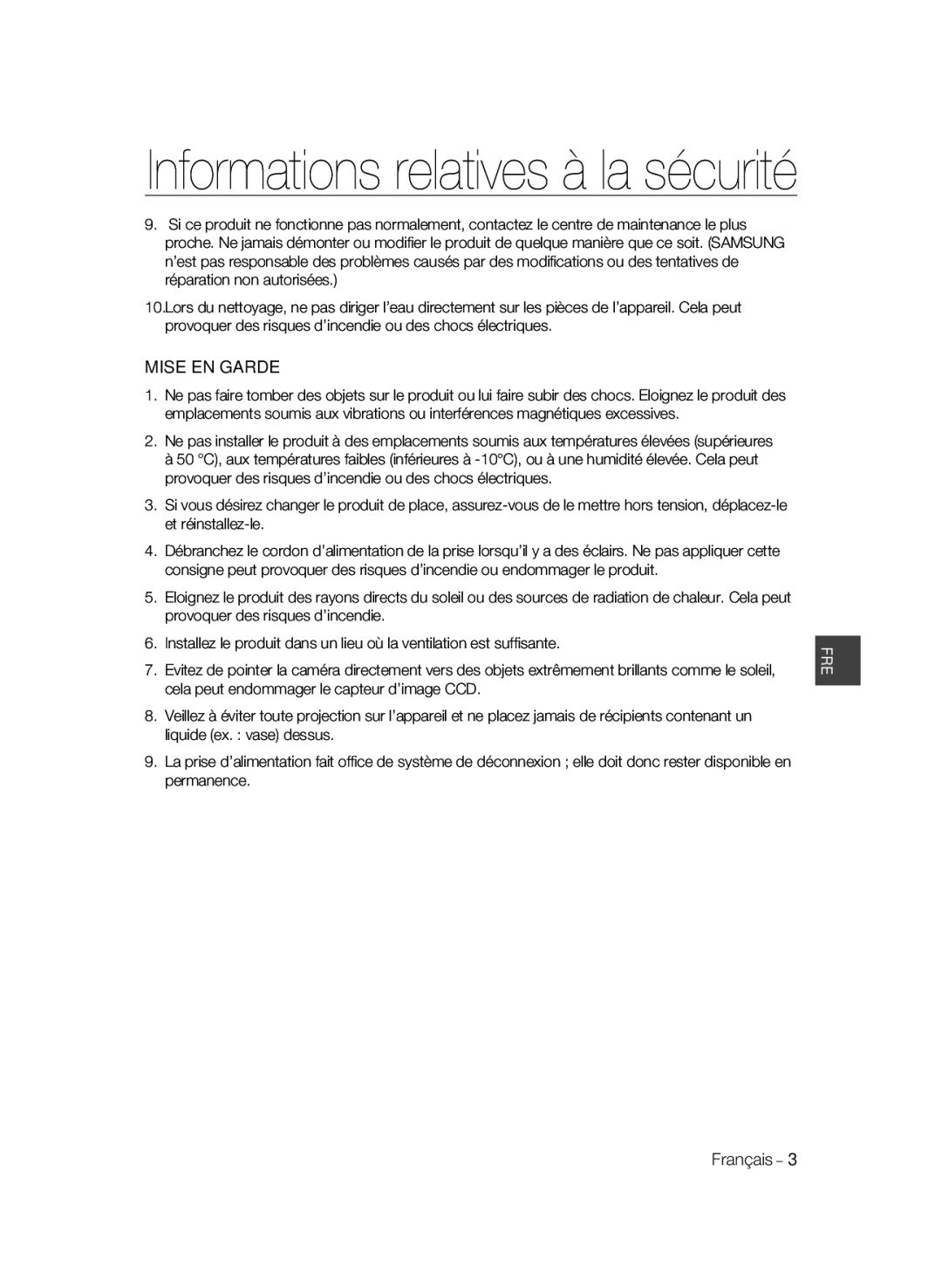 Samsung SCC-B1331BP, SCC-B1031P, SCC-B1331P, SCC-B1311P, SCC-B1031BP manual Mise EN Garde, Français 