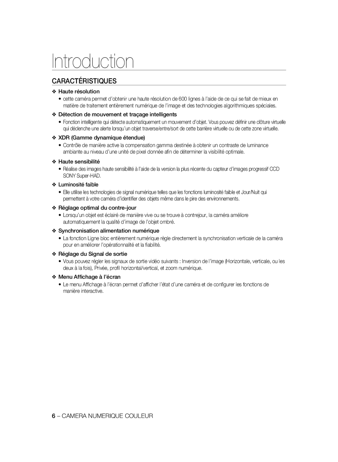 Samsung SCC-B1031P, SCC-B1331P manual Caractéristiques, Haute résolution, Détection de mouvement et traçage intelligents 