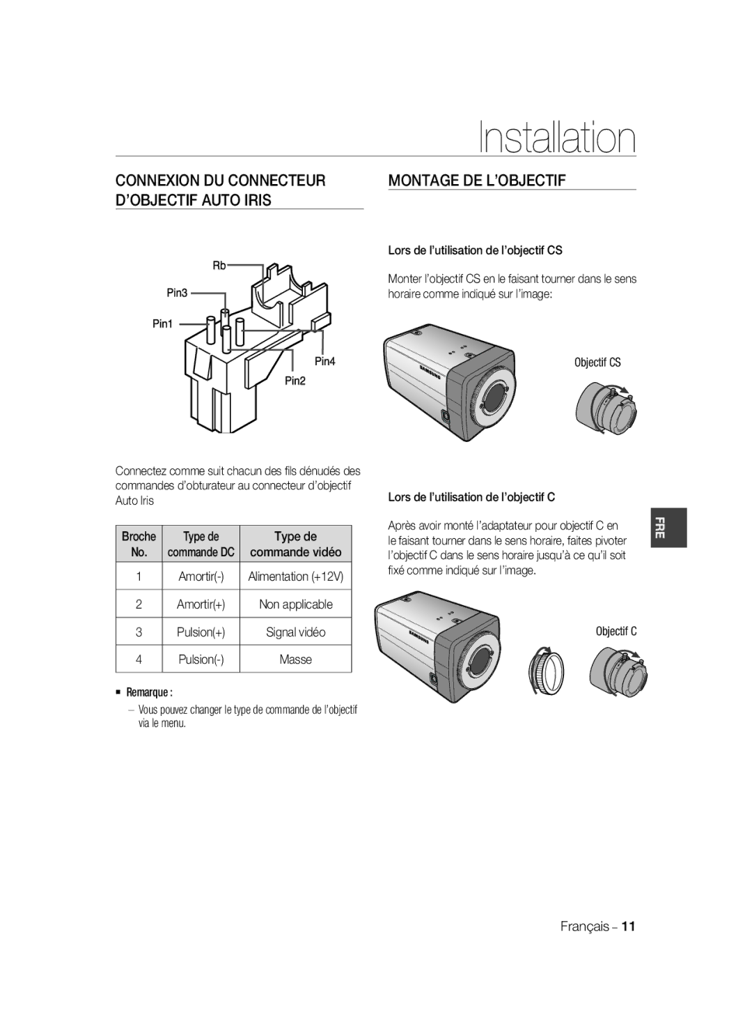 Samsung SCC-B1031P manual Amortir- Alimentation +12V Amortir+, Pulsion+, Objectif CS, Lors de l’utilisation de l’objectif C 