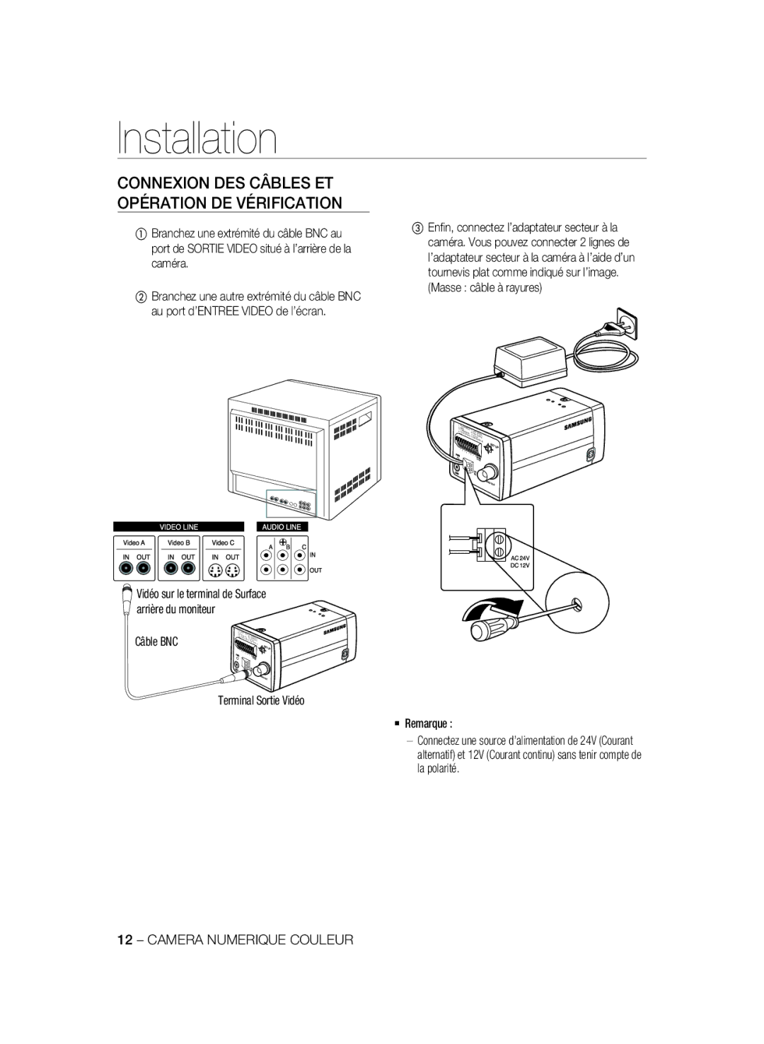 Samsung SCC-B1331P manual Connexion DES Câbles ET Opération DE Vérification, Câble BNC Terminal Sortie Vidéo  Remarque 