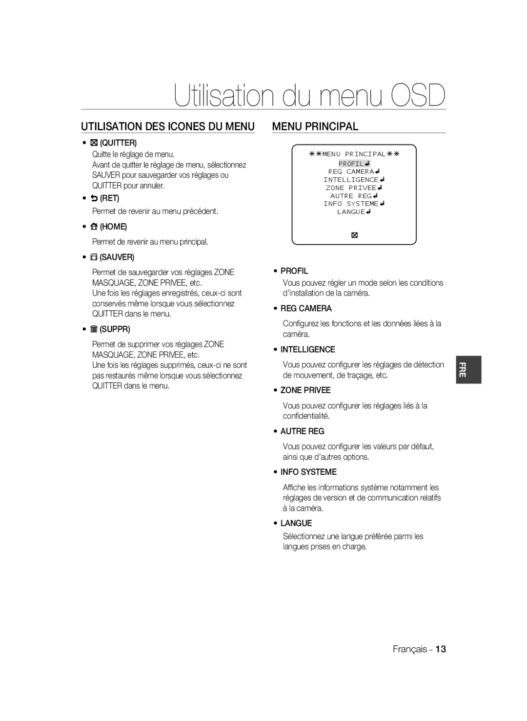 Samsung SCC-B1331BP, SCC-B1031P, SCC-B1331P manual Utilisation du menu OSD, Utilisation DES Icones DU Menu Menu Principal 