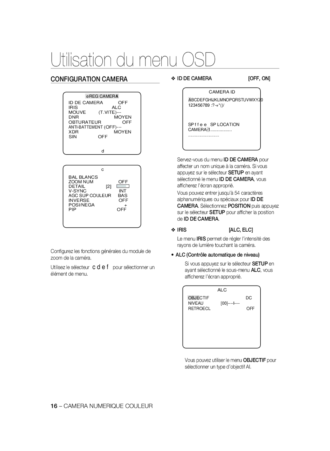 Samsung SCC-B1031P, SCC-B1331P, SCC-B1331BP Configuration Camera, ID DE CAMERAOFF, on, ALC Contrôle automatique de niveau 