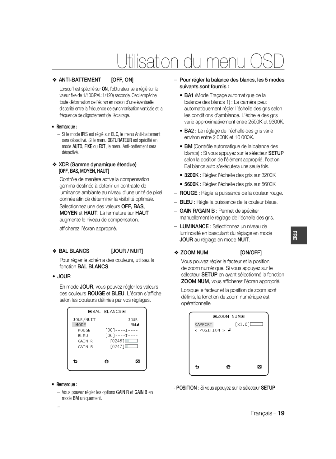 Samsung SCC-B1311P, SCC-B1031P, SCC-B1331P, SCC-B1331BP, SCC-B1031BP manual Anti-Battement, BAL Blancs, Jour, Zoom NUM 