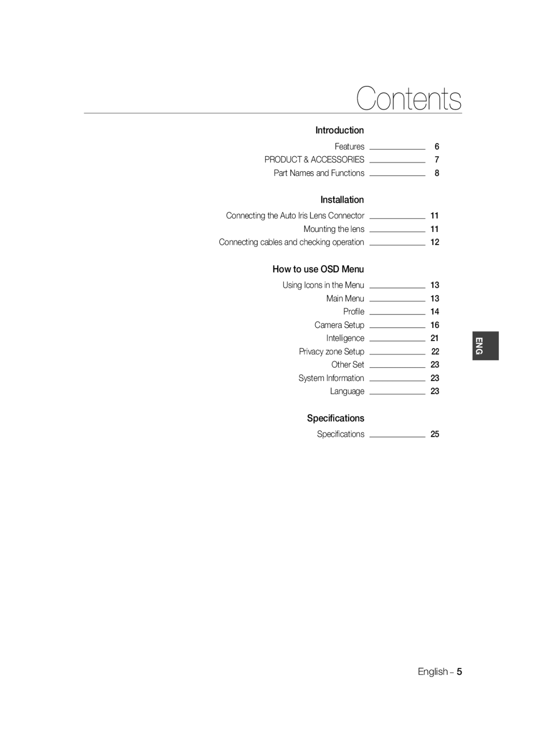 Samsung SCC-B1031P, SCC-B1331P, SCC-B1331BP, SCC-B1311P, SCC-B1031BP manual Contents 