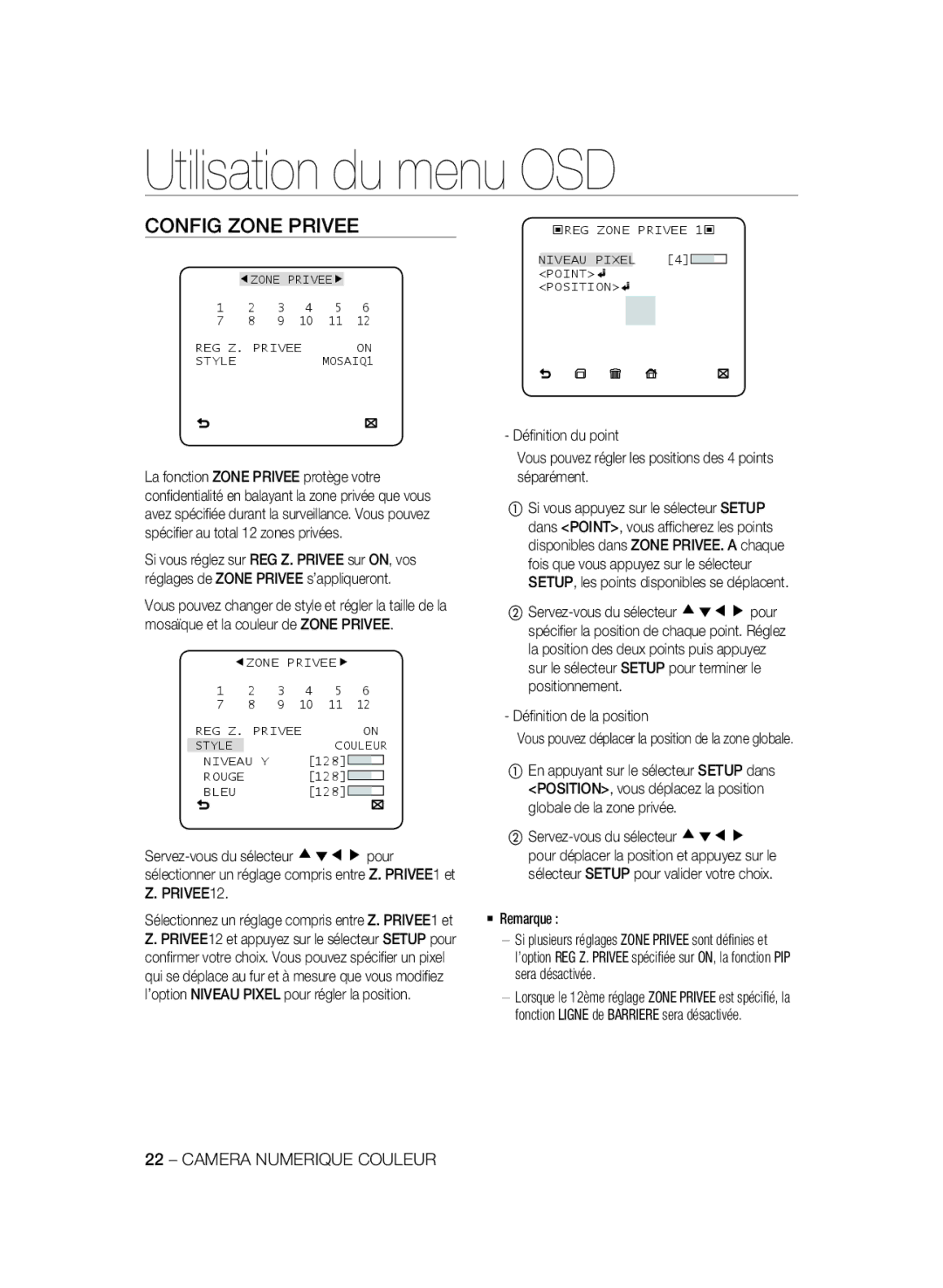 Samsung SCC-B1331P, SCC-B1031P, SCC-B1331BP, SCC-B1311P, SCC-B1031BP manual Config Zone Privee, Déﬁnition de la position 