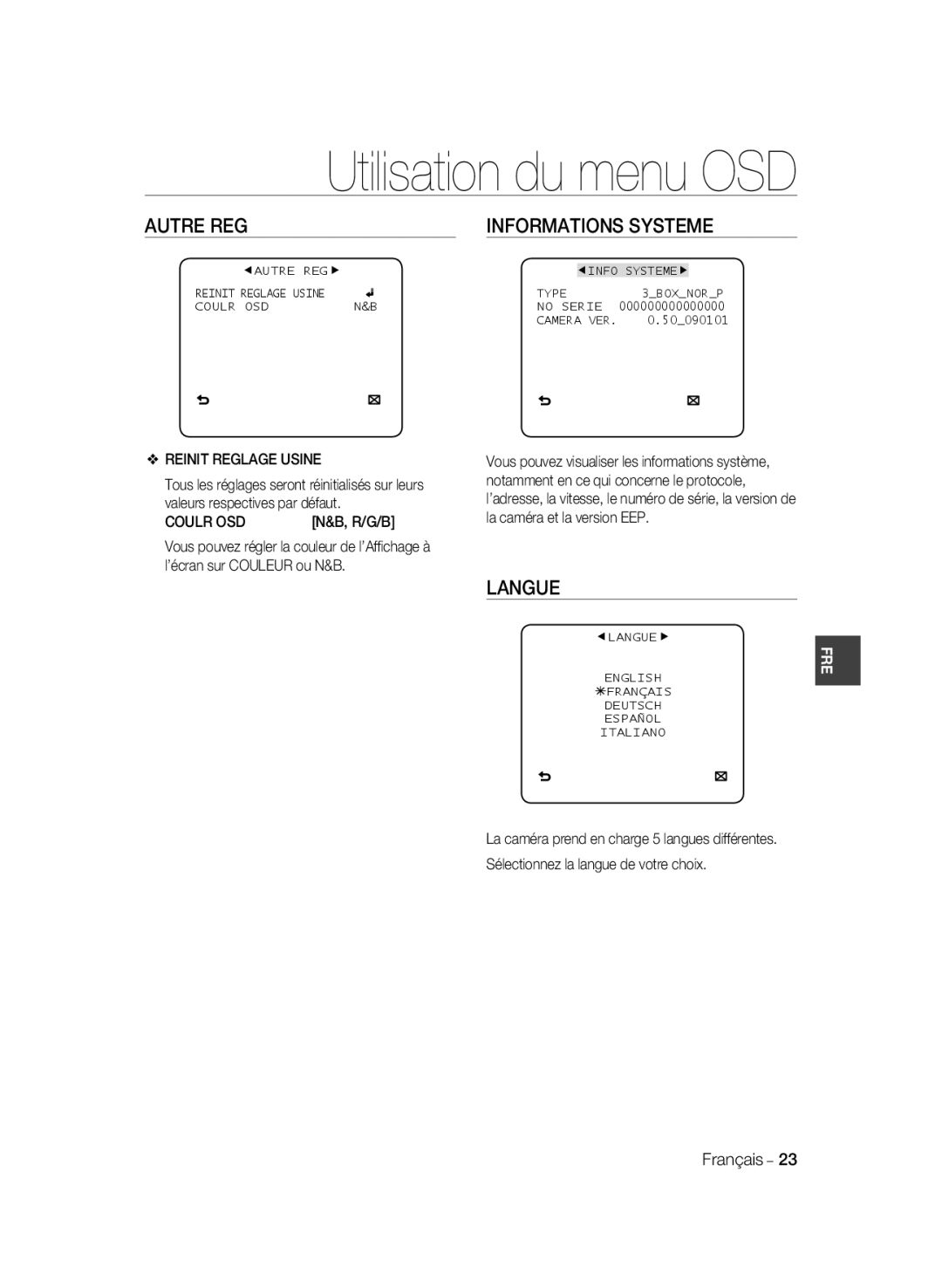 Samsung SCC-B1331BP, SCC-B1031P, SCC-B1331P manual Autre REG Informations Systeme, Langue, Reinit Reglage Usine, Coulr OSD 