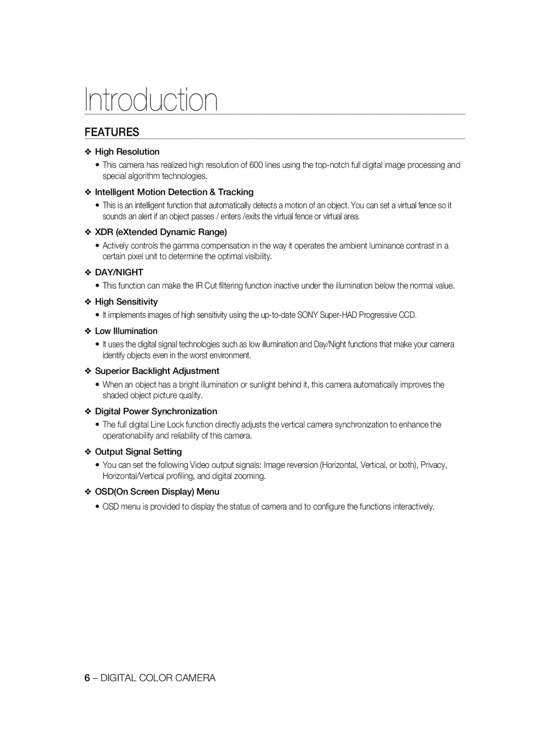 Samsung SCC-B1331P, SCC-B1031P, SCC-B1331BP, SCC-B1311P, SCC-B1031BP manual Introduction, Features, Day/Night, High Sensitivity 