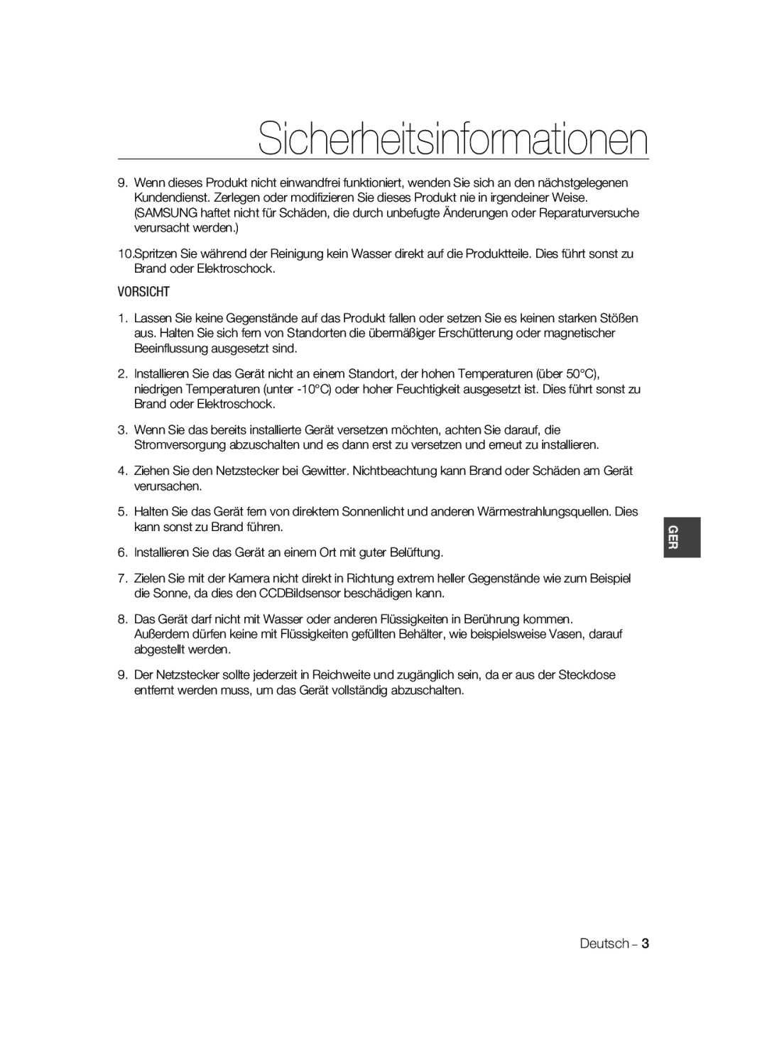 Samsung SCC-B1331P, SCC-B1031P, SCC-B1331BP, SCC-B1311P, SCC-B1031BP manual Vorsicht, Deutsch 