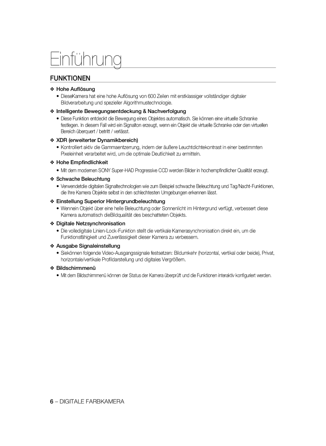 Samsung SCC-B1031BP, SCC-B1031P, SCC-B1331P, SCC-B1331BP, SCC-B1311P manual Einführung, Funktionen 