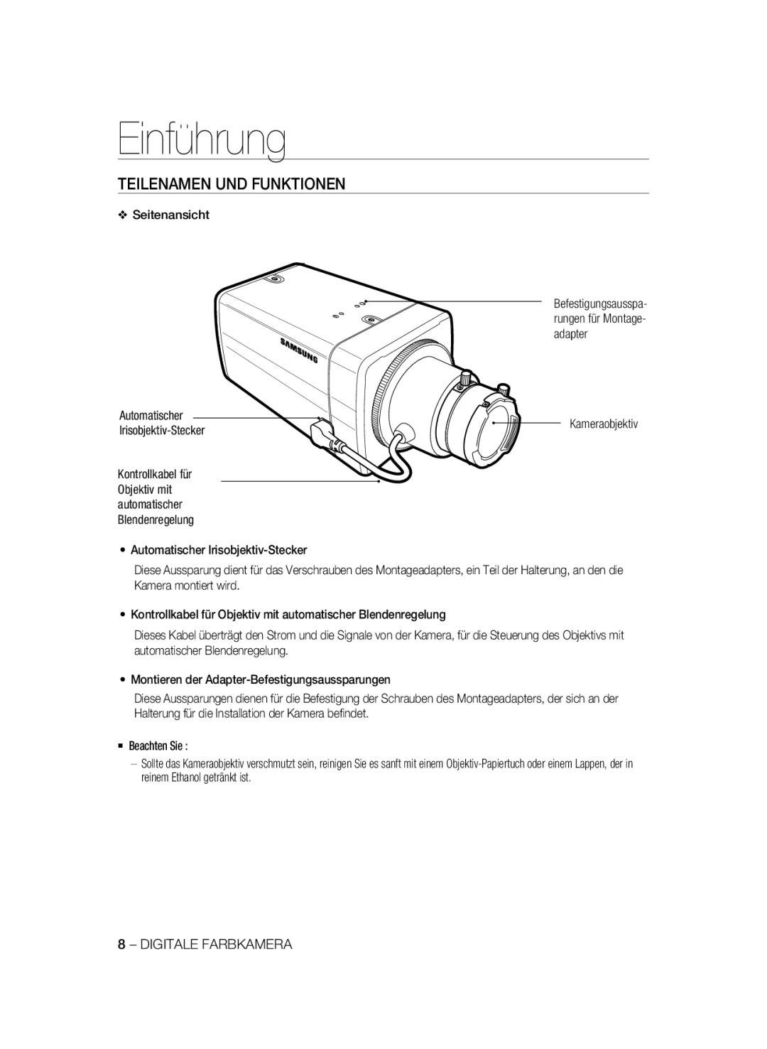 Samsung SCC-B1331P, SCC-B1031P, SCC-B1331BP Teilenamen UND Funktionen, Seitenansicht, Automatischer, Irisobjektiv-Stecker 