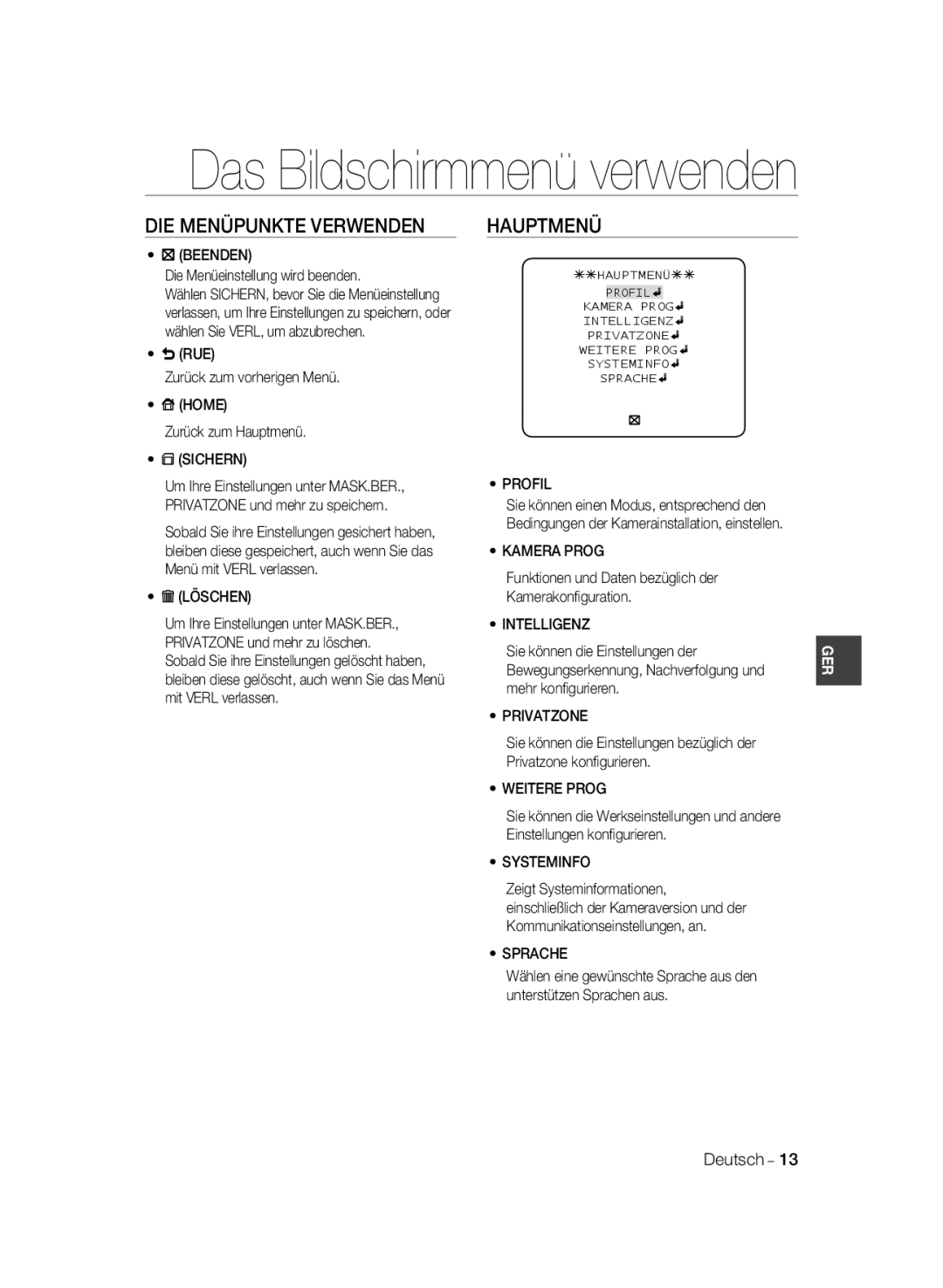 Samsung SCC-B1331P, SCC-B1031P, SCC-B1331BP, SCC-B1311P, SCC-B1031BP manual DIE Menüpunkte Verwenden, Hauptmenü 