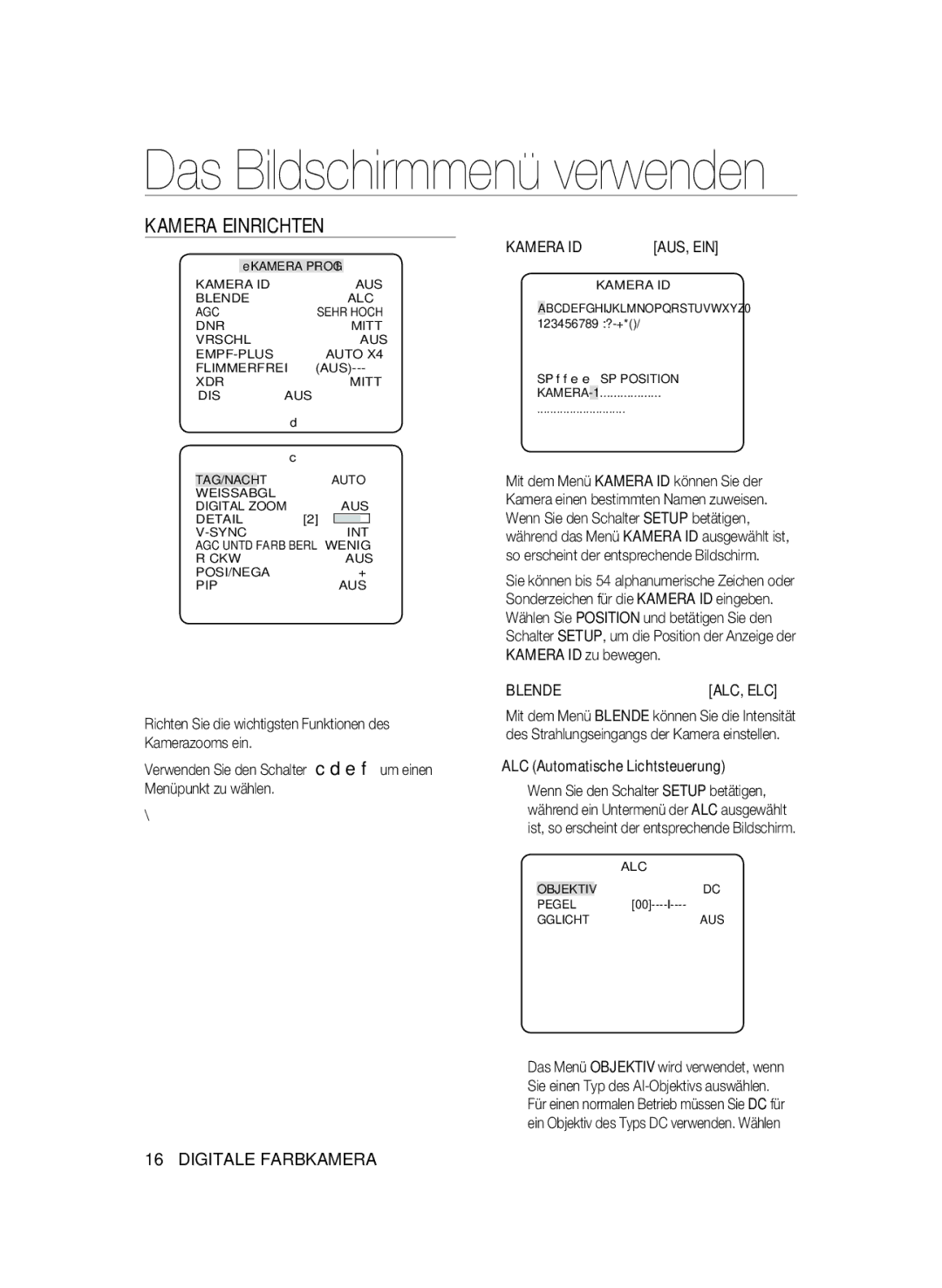 Samsung SCC-B1031BP, SCC-B1031P, SCC-B1331P manual Kamera Einrichten, Kamera ID, Blende, ALC Automatische Lichtsteuerung 