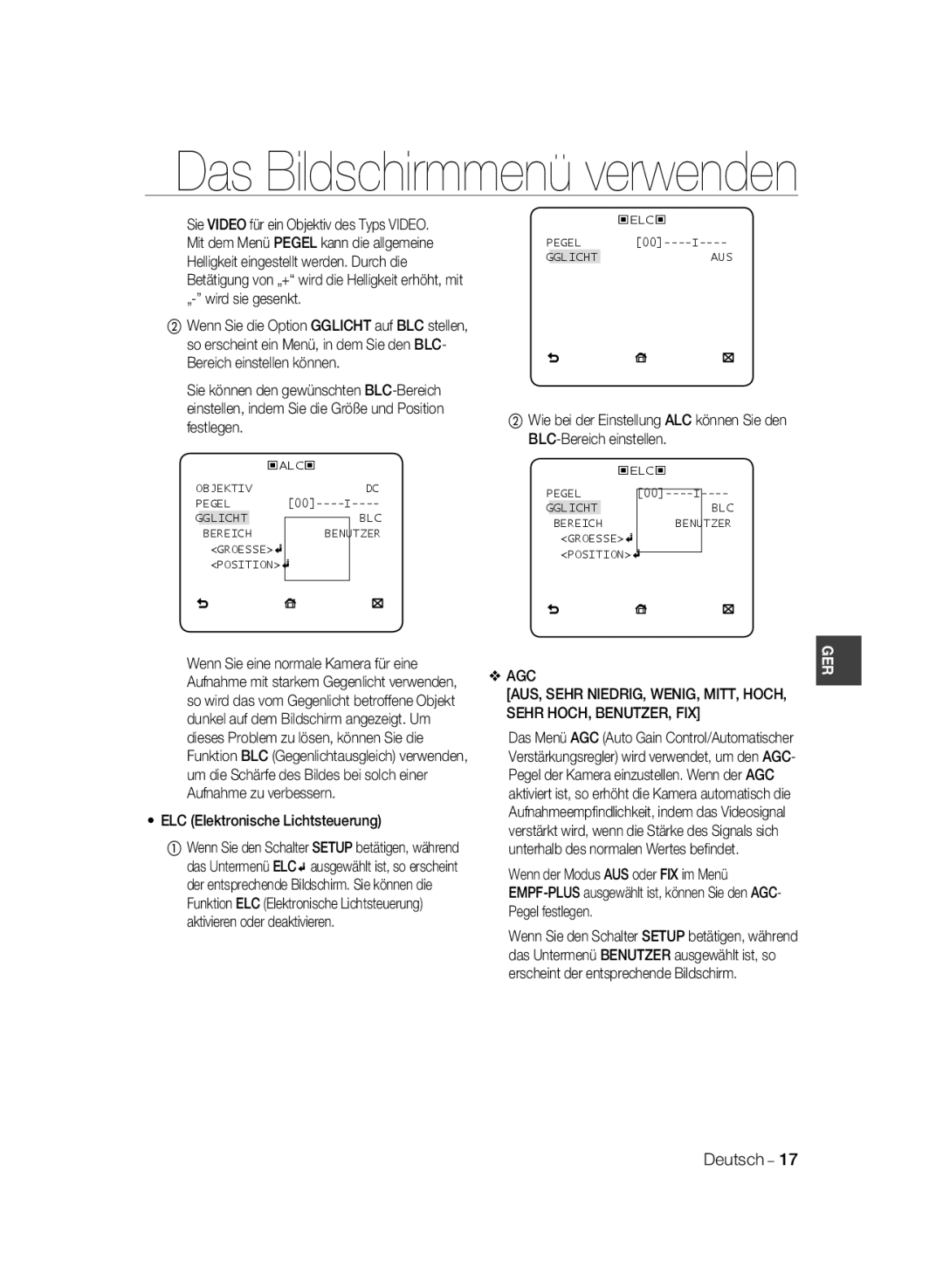 Samsung SCC-B1031P, SCC-B1331P, SCC-B1331BP, SCC-B1311P, SCC-B1031BP manual ELC Elektronische Lichtsteuerung, Agc 