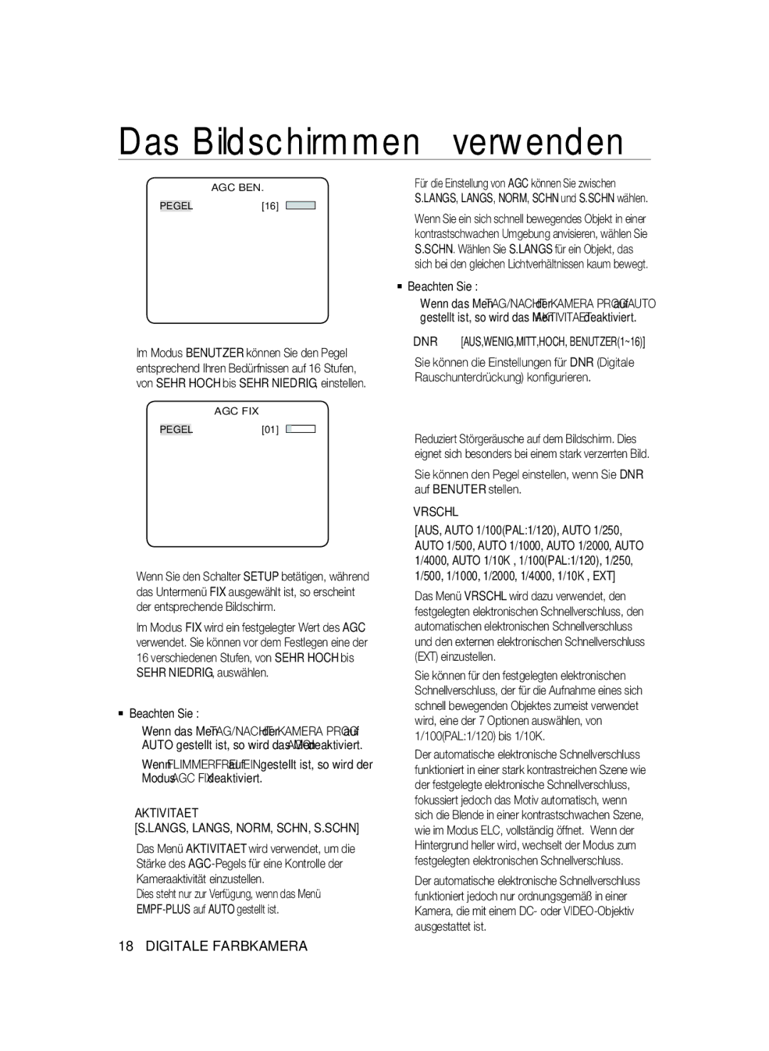 Samsung SCC-B1331P, SCC-B1031P, SCC-B1331BP, SCC-B1311P manual Aktivitaet, DNR AUS,WENIG,MITT,HOCH, BENUTZER1~16, Vrschl 