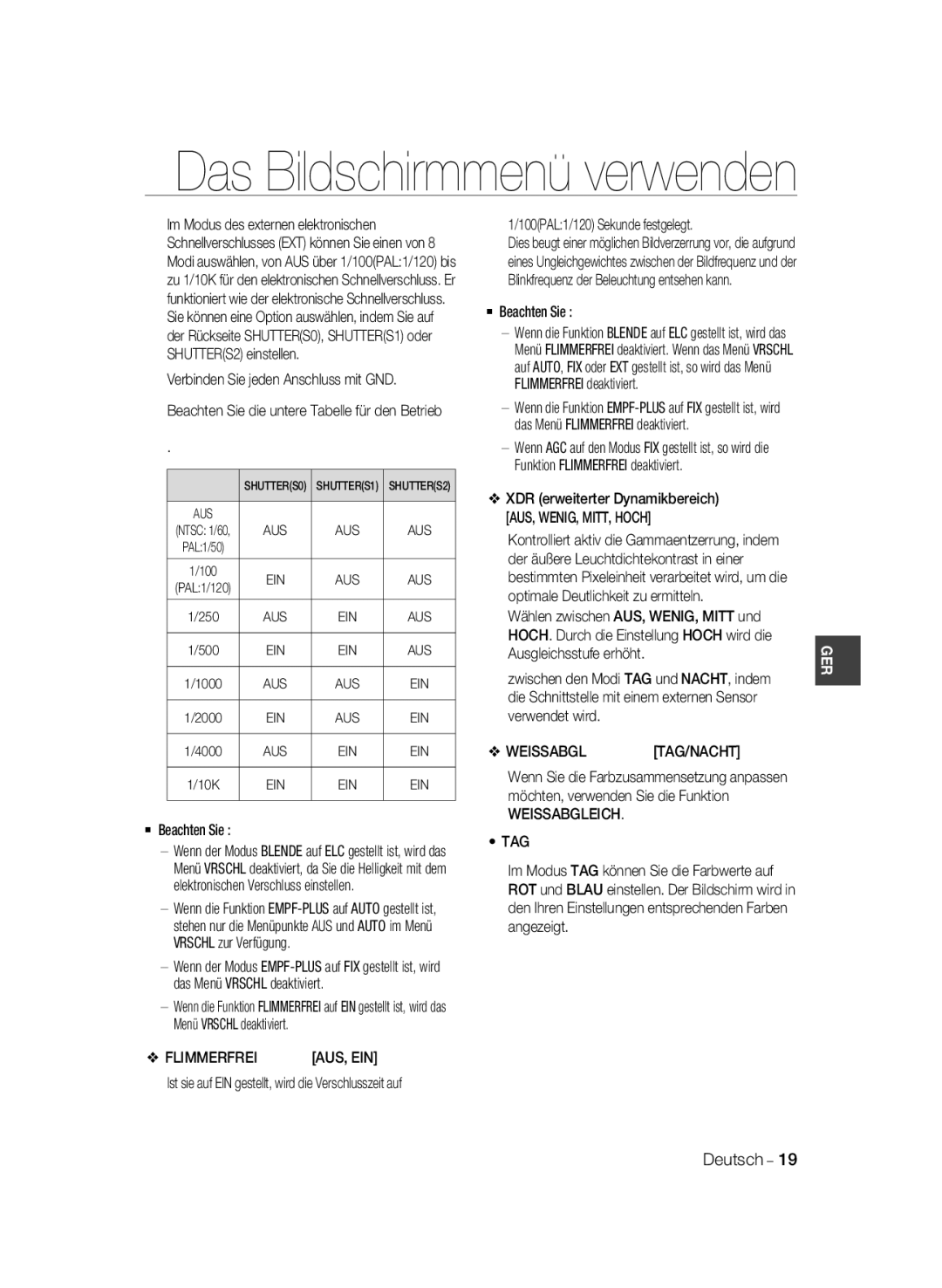 Samsung SCC-B1331BP Verbinden Sie jeden Anschluss mit GND, Flimmerfrei, 100PAL1/120 Sekunde festgelegt, Weissabgltag/Nacht 