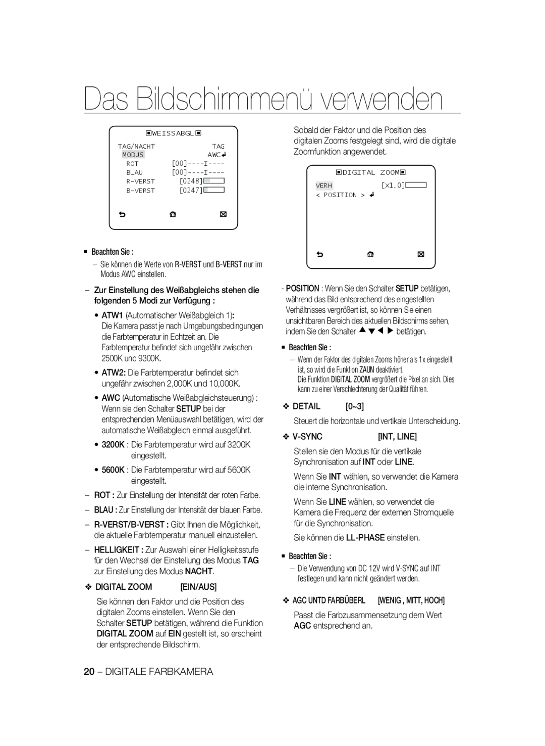 Samsung SCC-B1311P, SCC-B1031P, SCC-B1331P manual ATW1 Automatischer Weißabgleich, AGC Untd Farbüberl Wenig , MITT, Hoch 