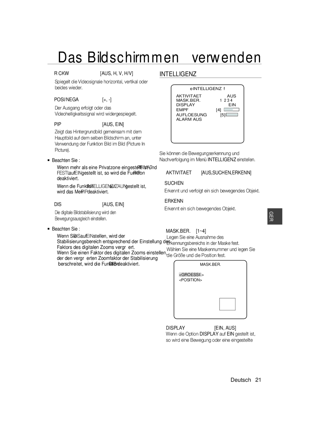 Samsung SCC-B1031BP, SCC-B1031P, SCC-B1331P, SCC-B1331BP, SCC-B1311P manual Intelligenz, Rückw, Suchen, Erkenn, Displayein, Aus 