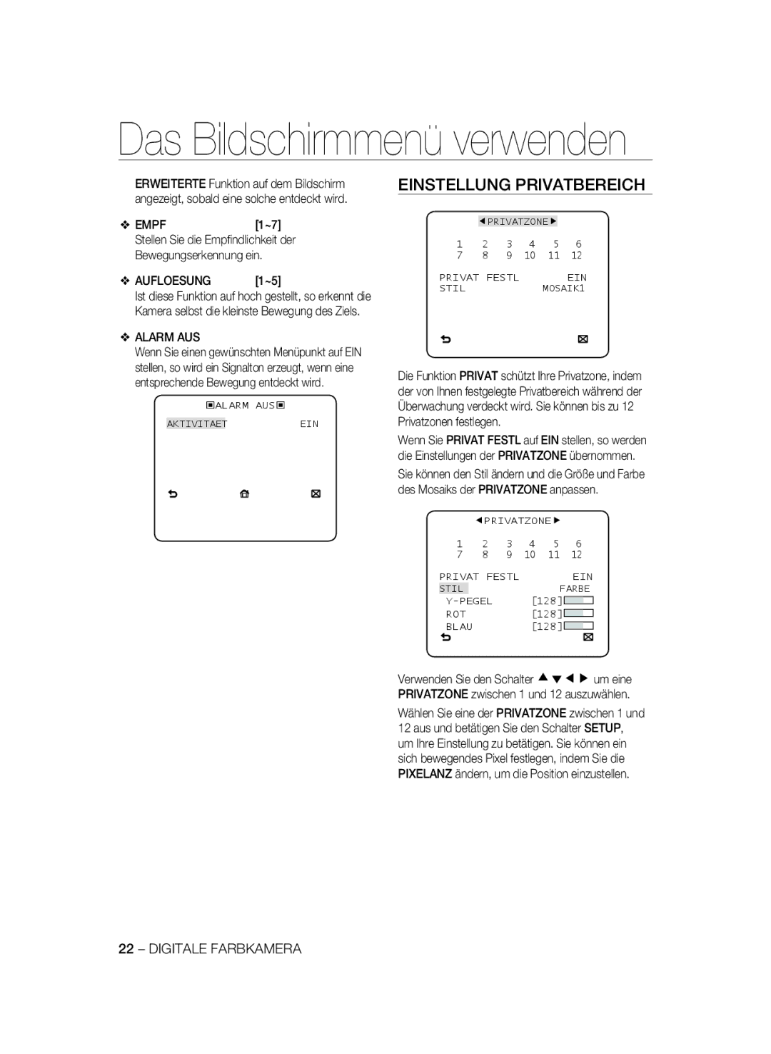 Samsung SCC-B1031P, SCC-B1331P, SCC-B1331BP Einstellung Privatbereich, Empf, Bewegungserkennung ein, Aufloesung, Alarm AUS 