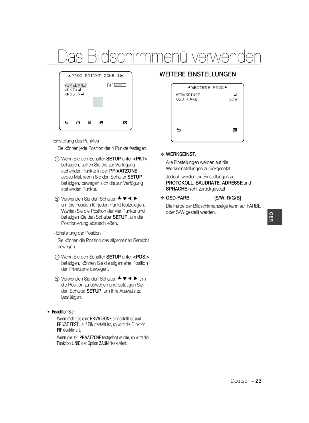 Samsung SCC-B1331P, SCC-B1031P, SCC-B1331BP, SCC-B1311P, SCC-B1031BP manual Weitere Einstellungen, Werkseinst, Osd-Farb 