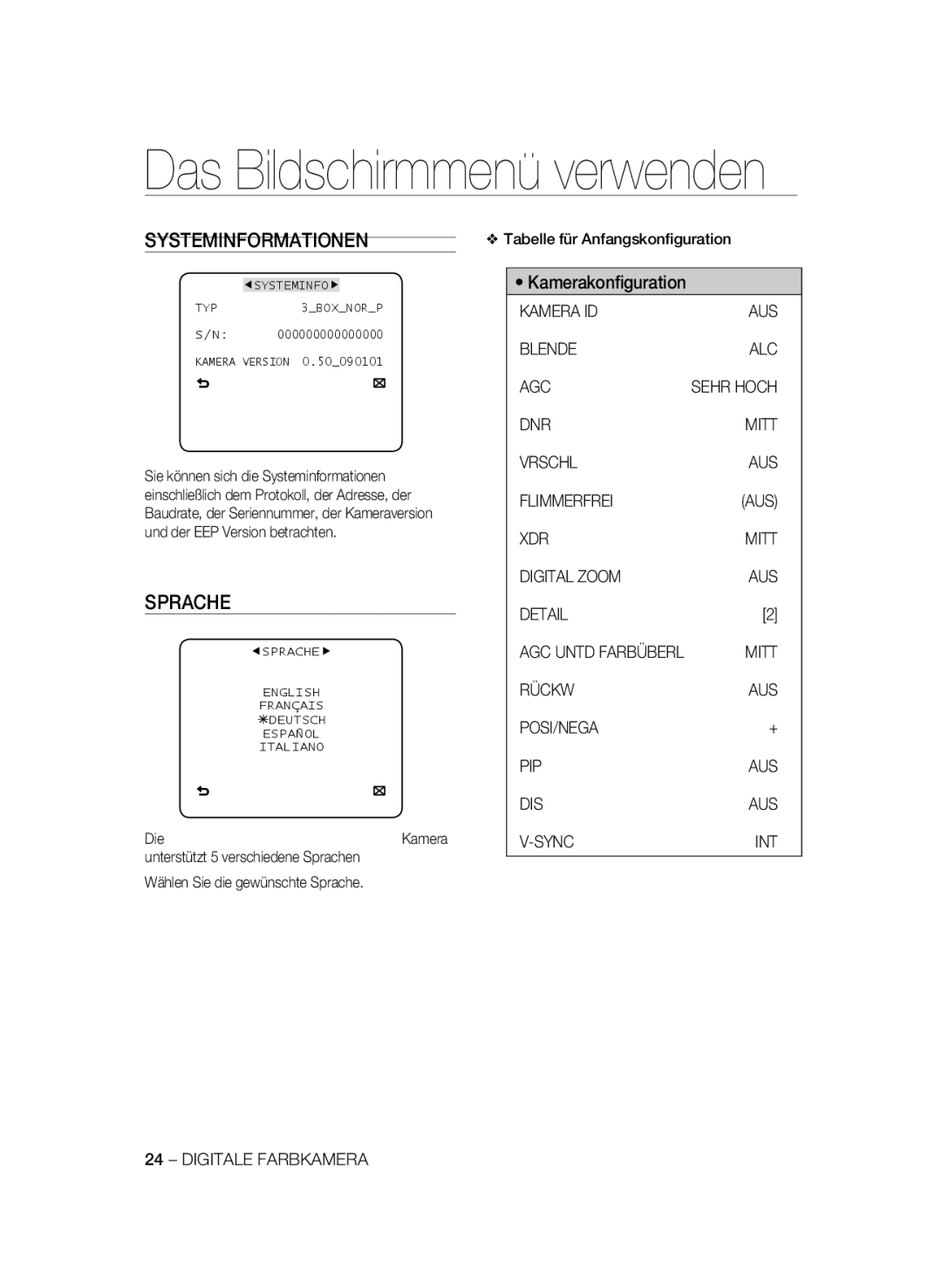 Samsung SCC-B1331BP, SCC-B1031P, SCC-B1331P, SCC-B1311P manual Systeminformationen, Sprache, Kamera ID AUS Blende ALC AGC 