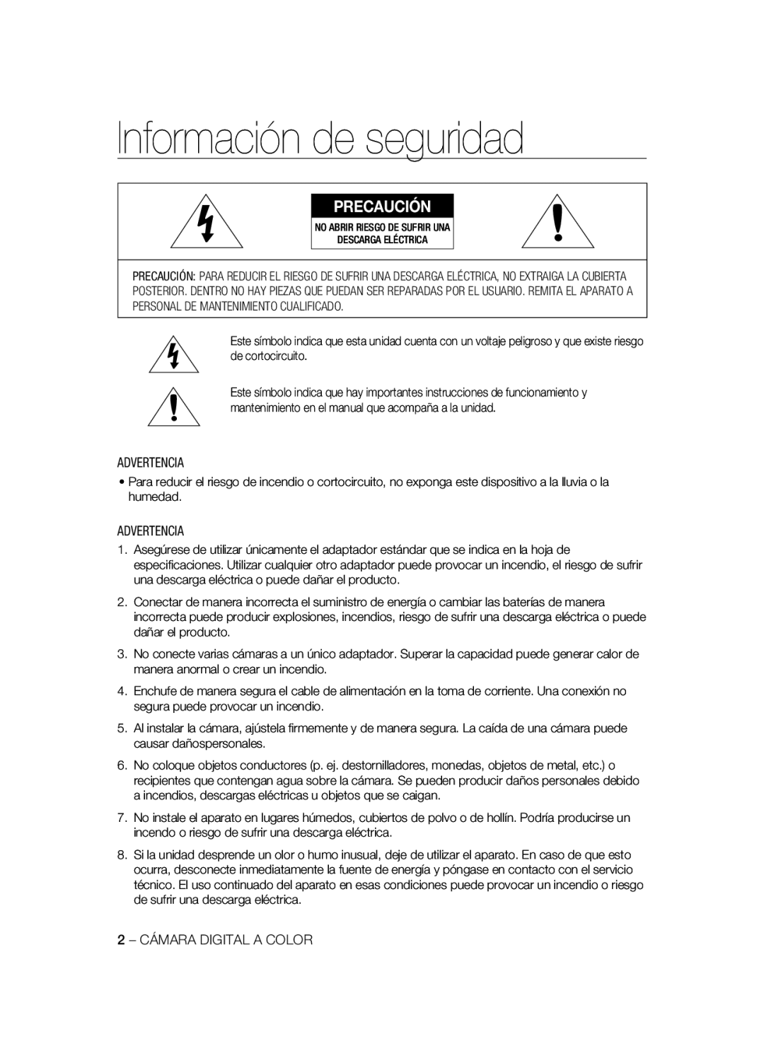 Samsung SCC-B1031BP, SCC-B1031P, SCC-B1331P, SCC-B1331BP manual Información de seguridad, Advertencia, Cámara Digital a Color 