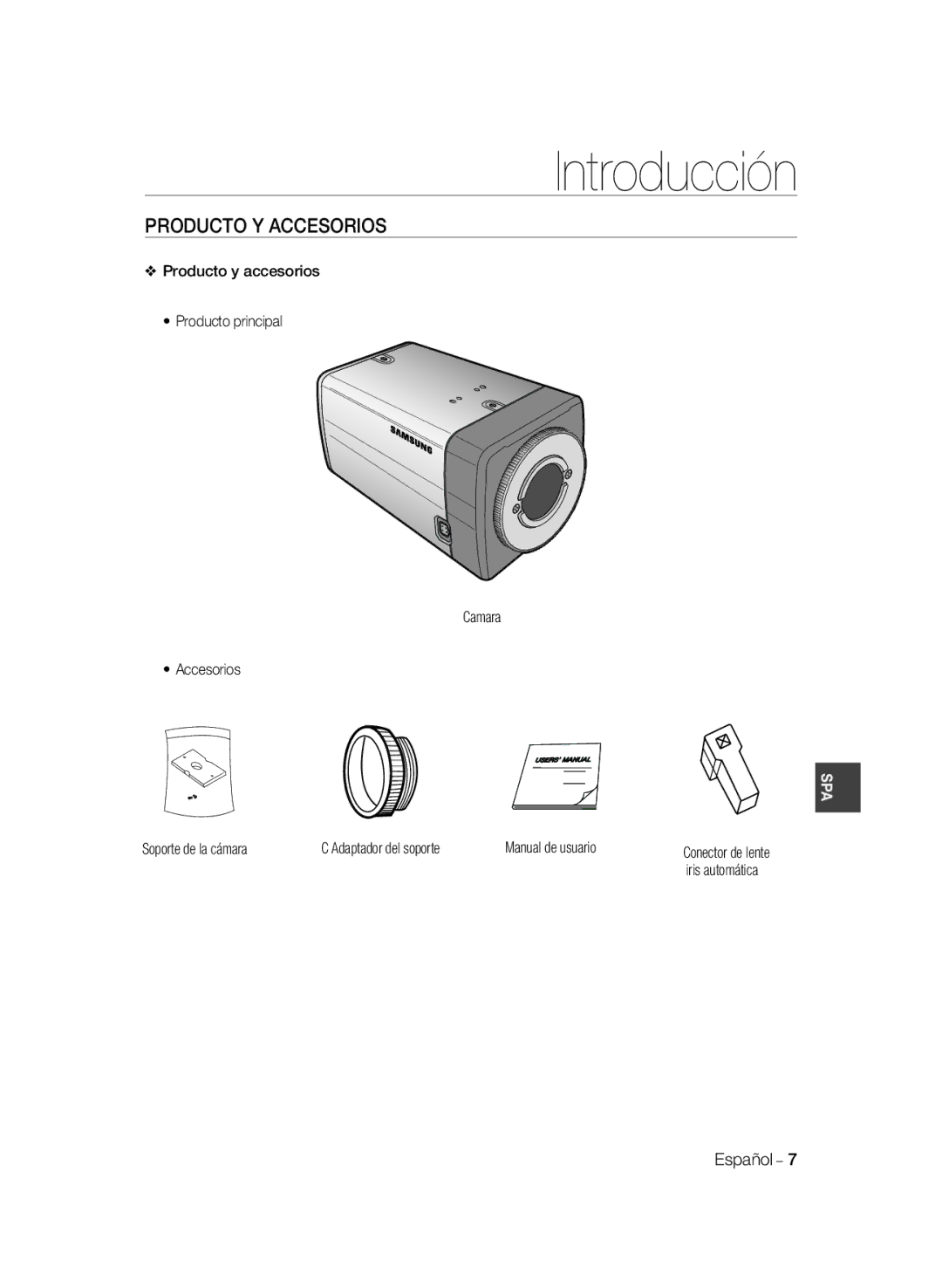 Samsung SCC-B1031BP, SCC-B1031P manual Producto Y Accesorios, Producto y accesorios Producto principal Camara Accesorios 