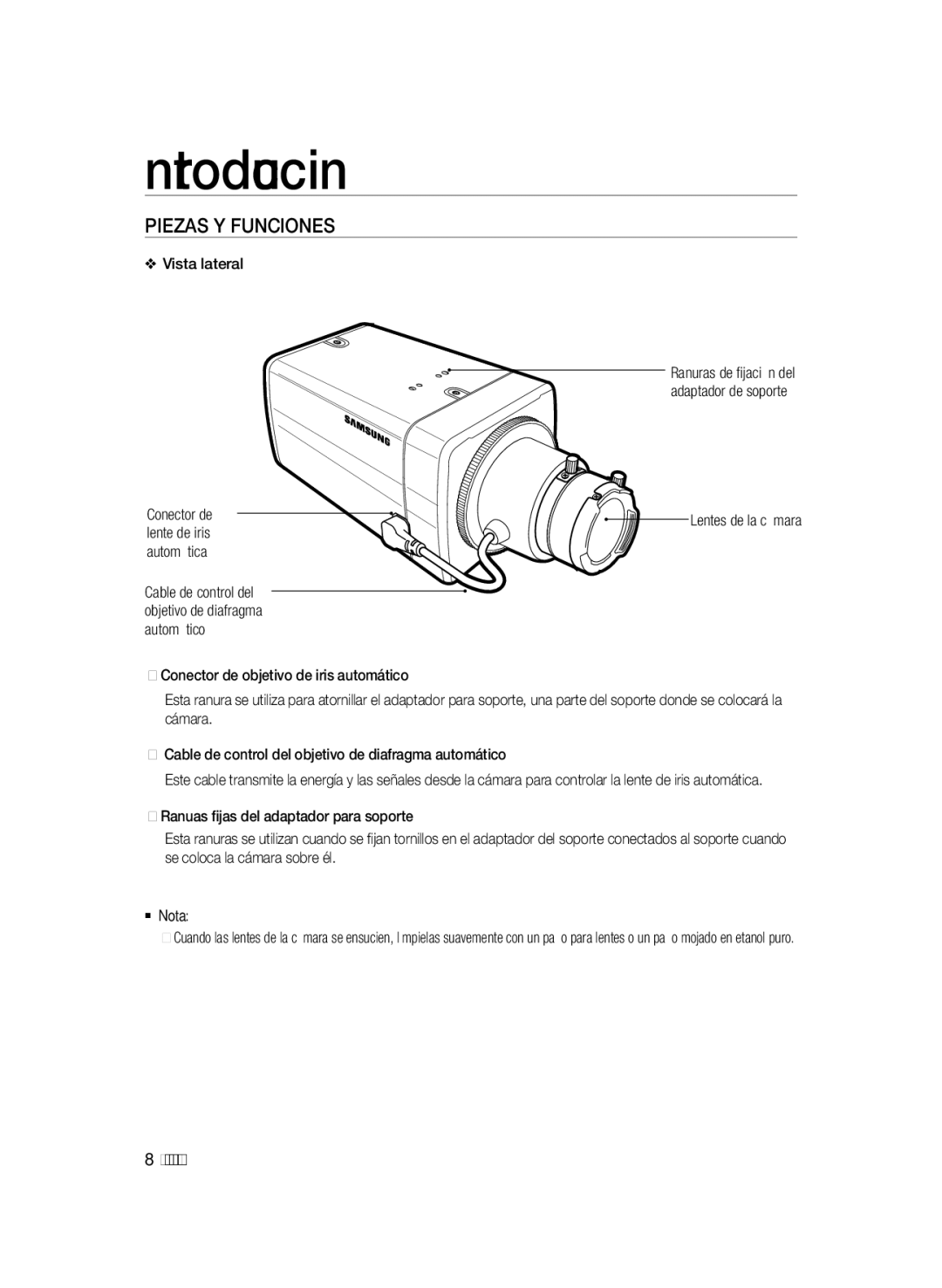 Samsung SCC-B1031P, SCC-B1331P, SCC-B1331BP, SCC-B1311P manual Piezas Y Funciones, Vista lateral, Conector de, Lente de iris 