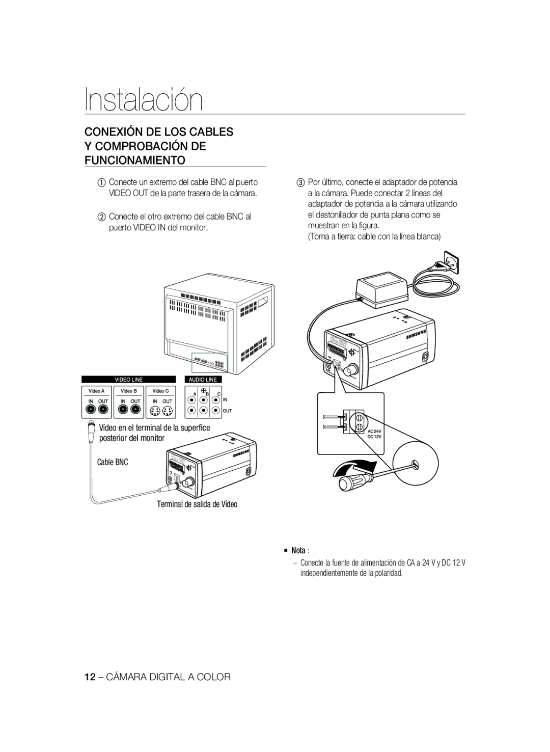 Samsung SCC-B1031BP Instalación, Toma a tierra cable con la línea blanca, Cable BNC Terminal de salida de Vídeo  Nota 