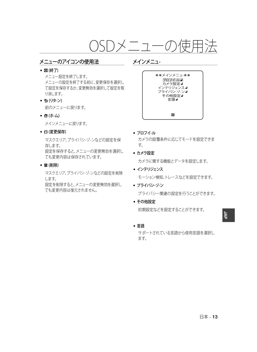 Samsung SCC-B1331P, SCC-B1031P manual メニュー設定を終了します。, 前のメニューに戻ります。 メインメニューに戻ります。 変更保存, プロフイ-ル, カメラ設定, インテリジェンス, プライバシ-ゾ-ン 