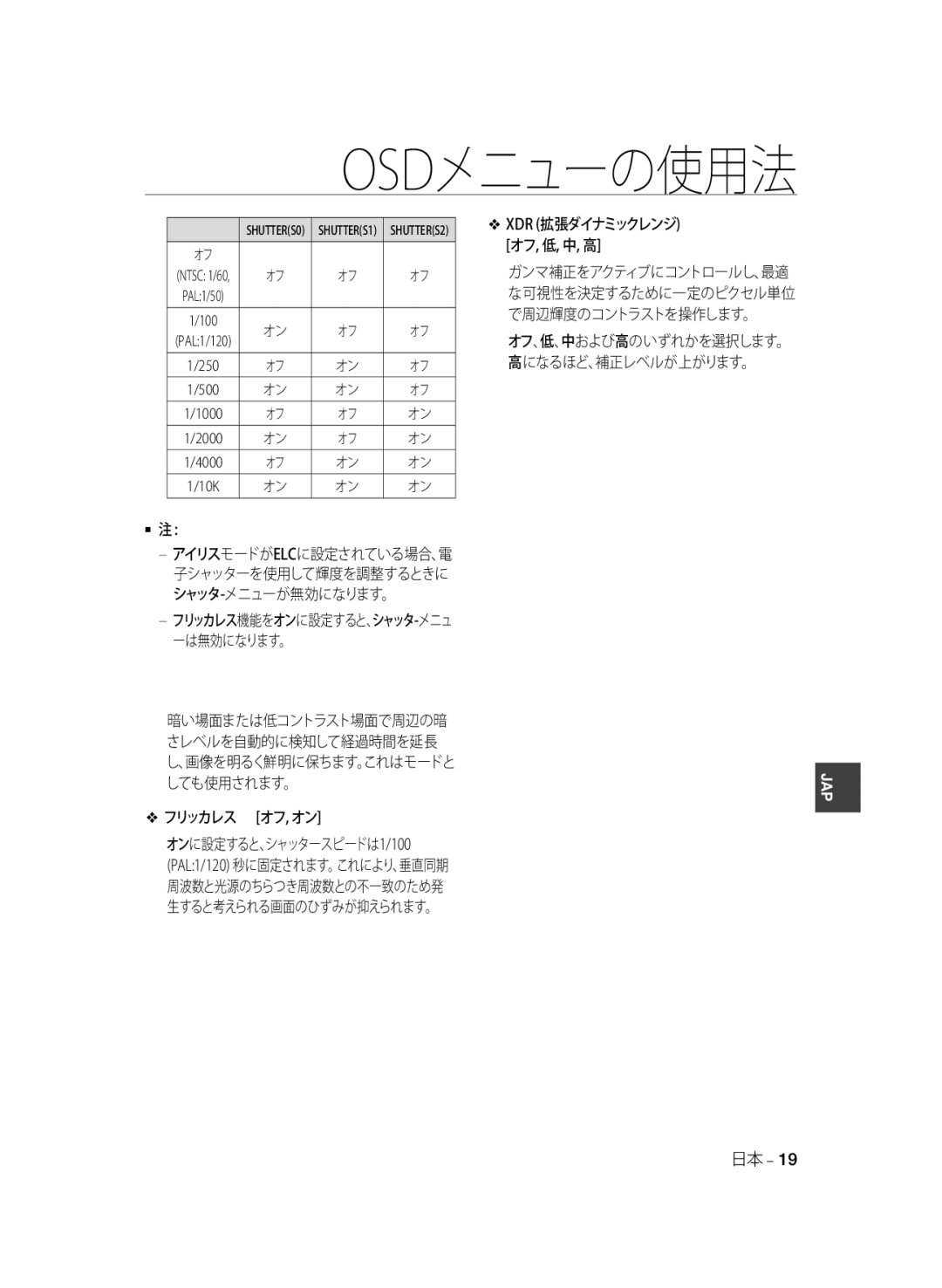 Samsung SCC-B1331BP, SCC-B1031P, SCC-B1331P, SCC-B1311P, SCC-B1031BP manual  注, フリッカレス オフ, オン 