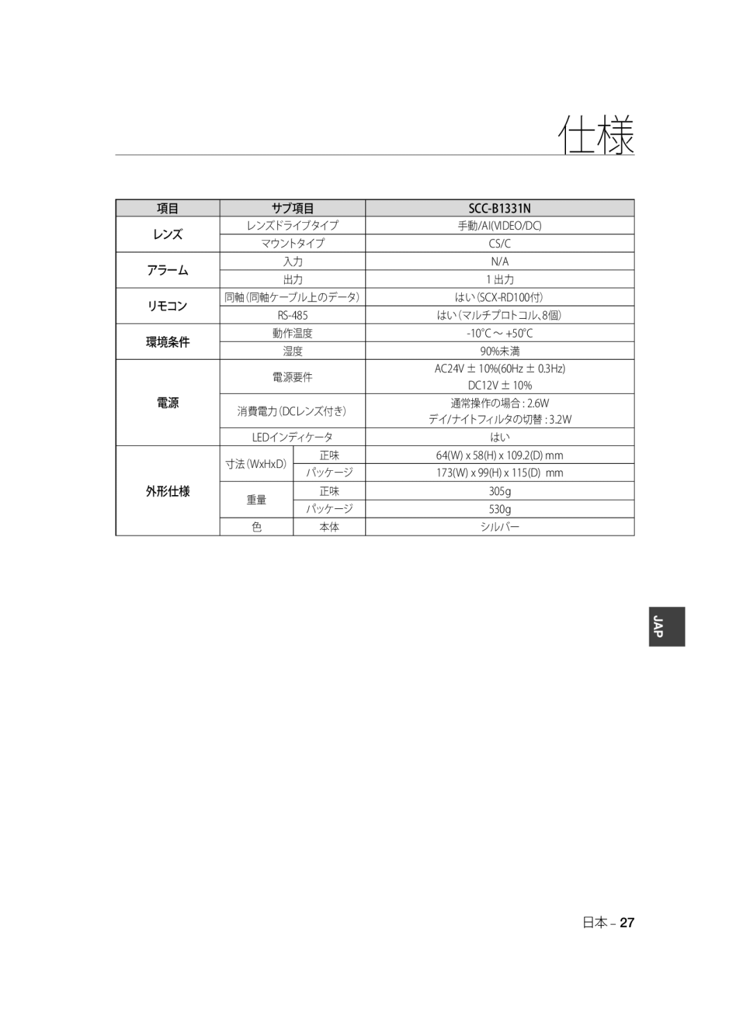 Samsung SCC-B1031P, SCC-B1331P, SCC-B1331BP, SCC-B1311P, SCC-B1031BP manual SCC-B1331N, 外形仕様 