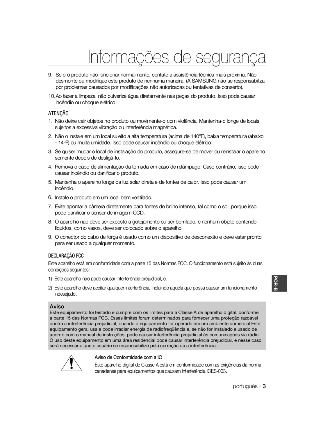 Samsung SCC-B1331P, SCC-B1031P, SCC-B1331BP, SCC-B1311P, SCC-B1031BP manual Atenção, Declaração FCC, Português 