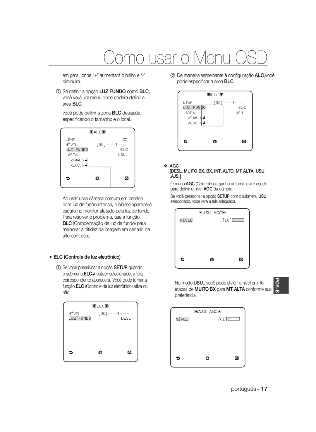 Samsung SCC-B1031P, SCC-B1331P, SCC-B1331BP, SCC-B1311P, SCC-B1031BP manual ELC Controle de luz eletrônico, Preferência 