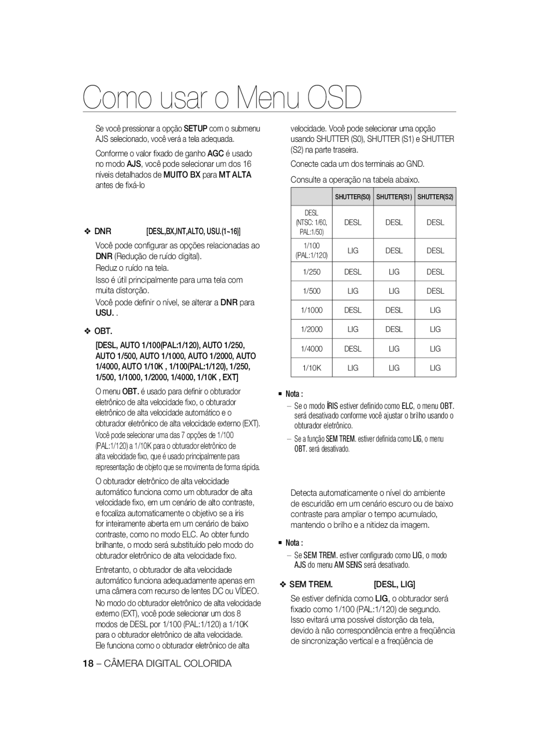 Samsung SCC-B1331P, SCC-B1031P, SCC-B1331BP, SCC-B1311P, SCC-B1031BP manual SEM Trem, 18 Câmera Digital Colorida 