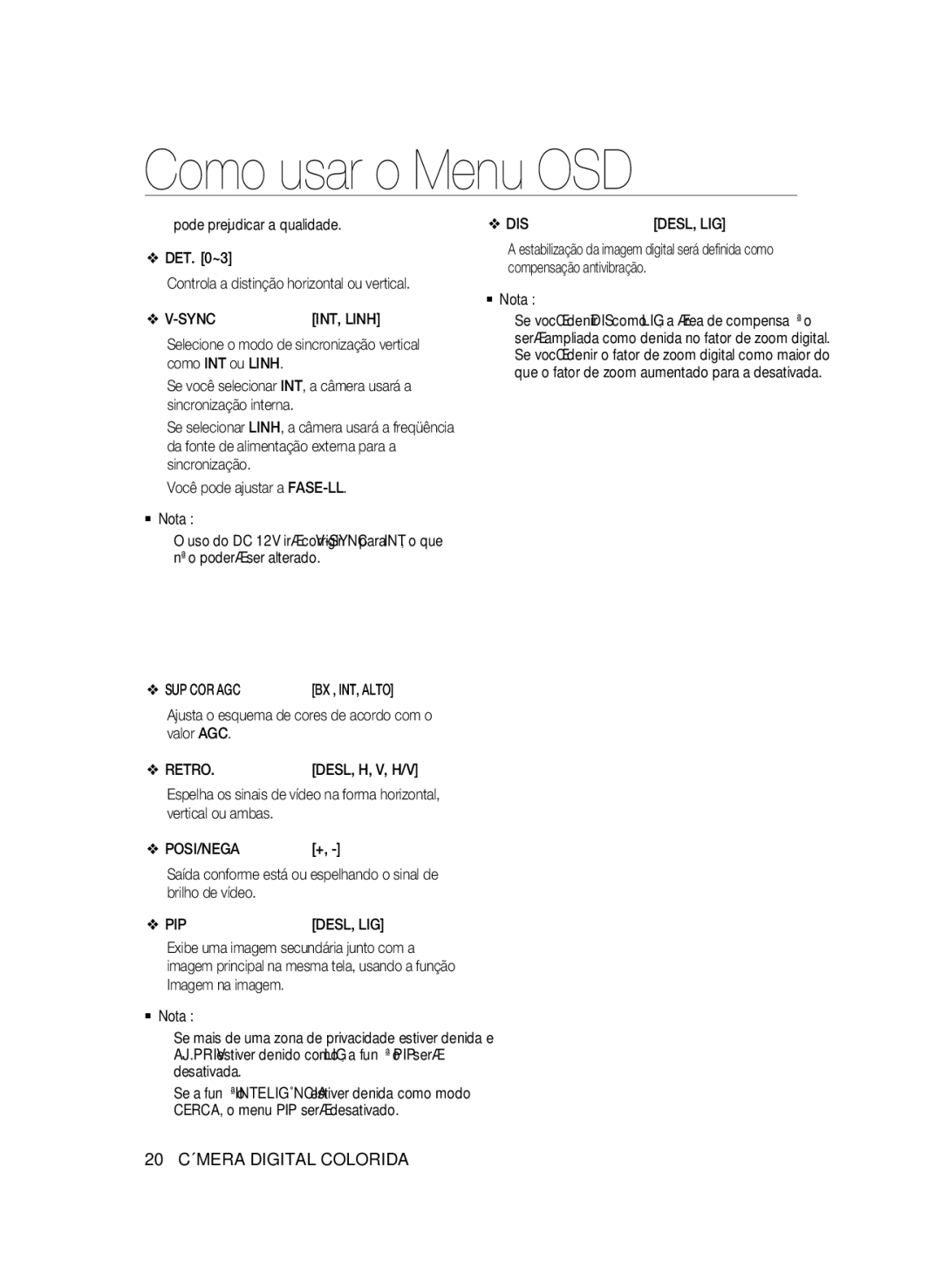 Samsung SCC-B1311P manual Sup Cor Agc, Ajusta o esquema de cores de acordo com o valor AGC, 20 Câmera Digital Colorida 