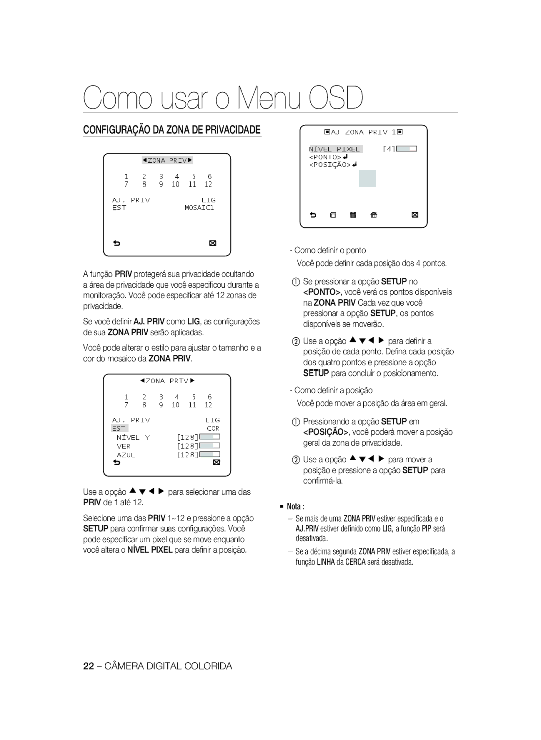 Samsung SCC-B1031P, SCC-B1331P manual Use a opção cdef para selecionar uma das Priv de 1 até, 22 Câmera Digital Colorida 