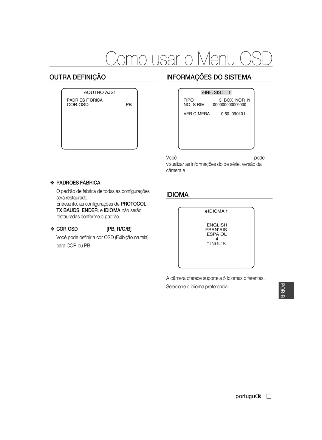 Samsung SCC-B1331P, SCC-B1031P, SCC-B1331BP, SCC-B1311P Outra Definição Informações do Sistema, Padrões Fábrica, Cor Osd 