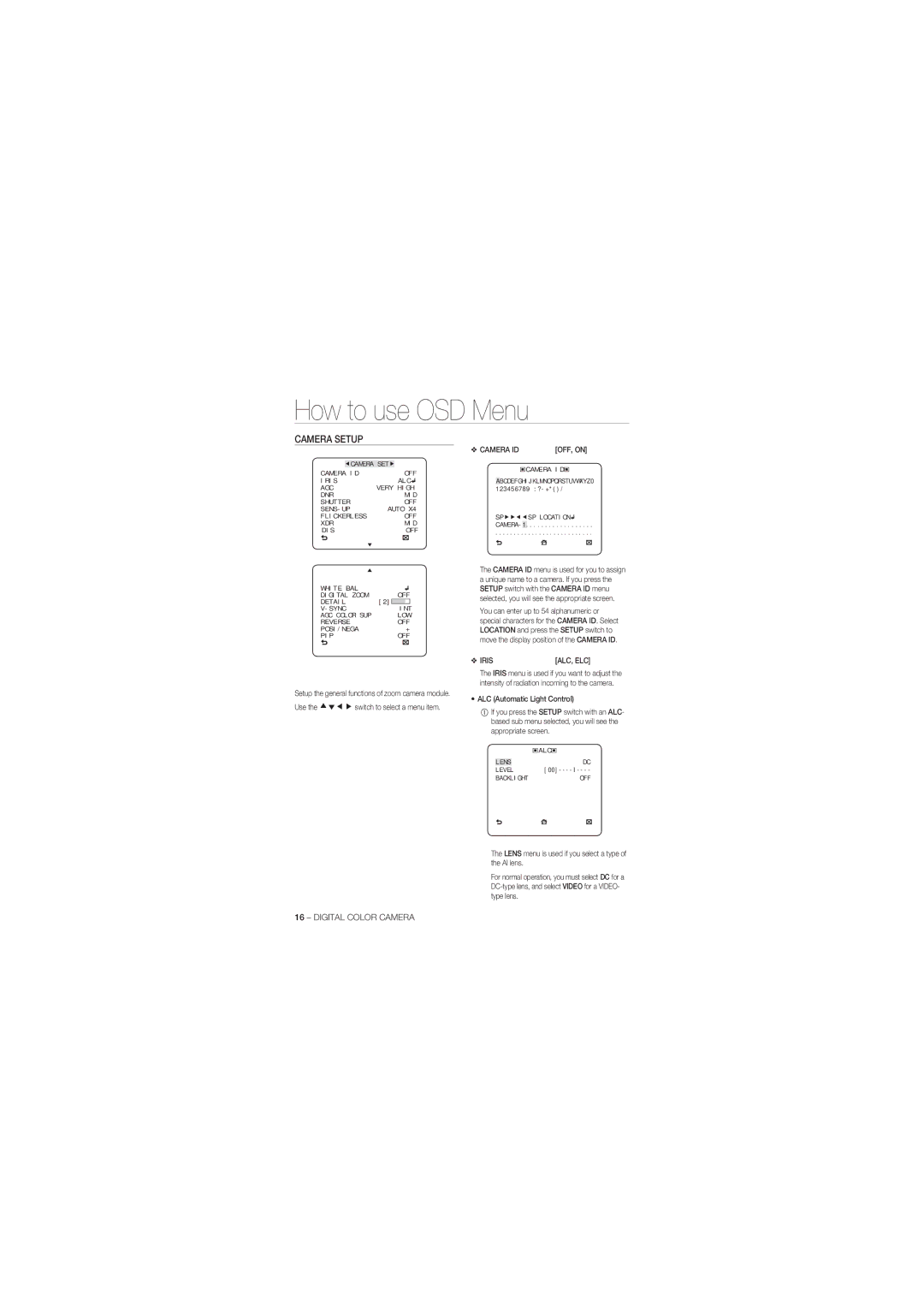 Samsung SCC-B1331P, SCC-B1031P, SCC-B1331BP, SCC-B1311P, SCC-B1031BP manual Camera Setup 