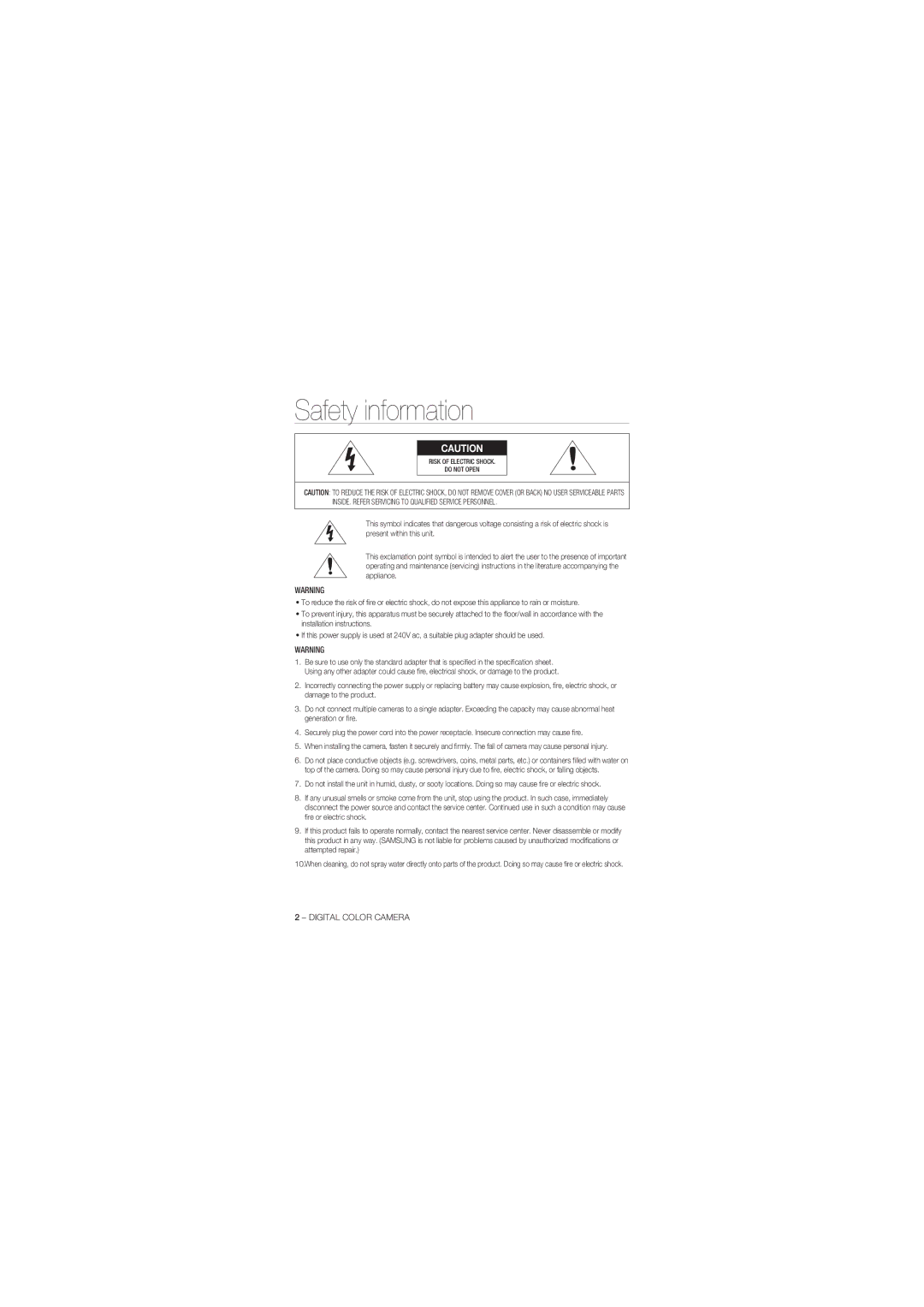 Samsung SCC-B1331BP, SCC-B1031P, SCC-B1331P, SCC-B1311P, SCC-B1031BP manual Safety information 