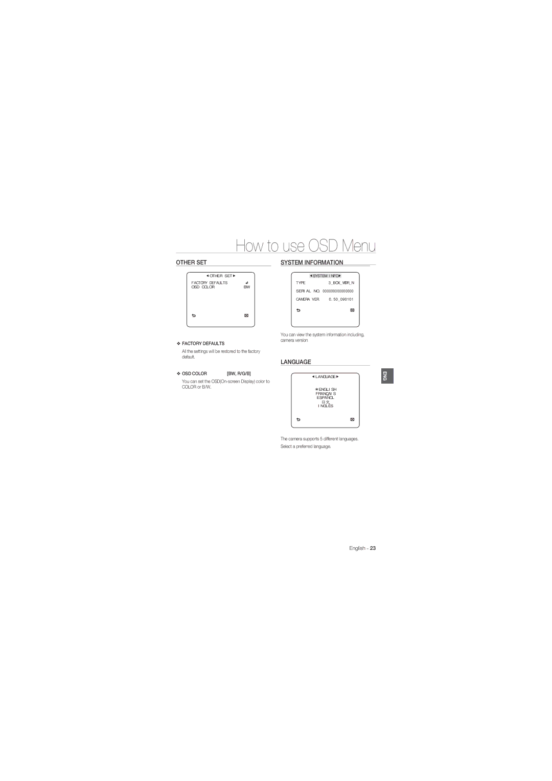 Samsung SCC-B1311P, SCC-B1031P, SCC-B1331P, SCC-B1331BP, SCC-B1031BP manual Other SET 