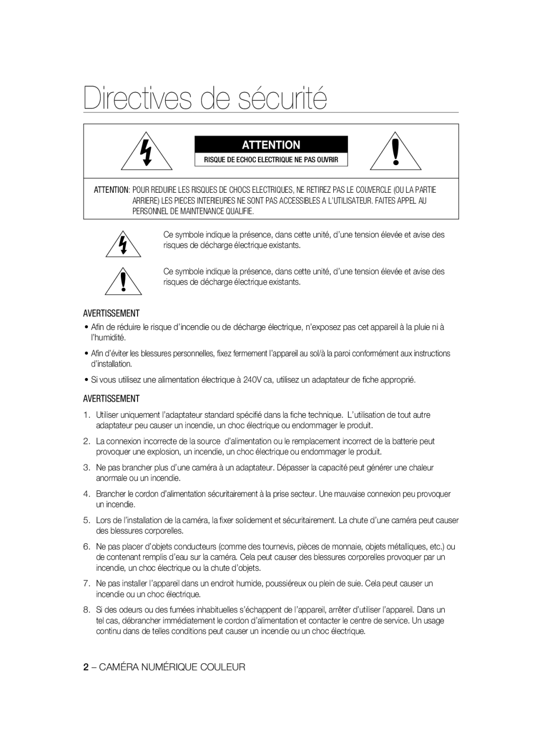 Samsung SCC-B1331P, SCC-B1031P, SCC-B1331BP, SCC-B1311P manual Directives de sécurité, Avertissement, Caméra Numérique Couleur 