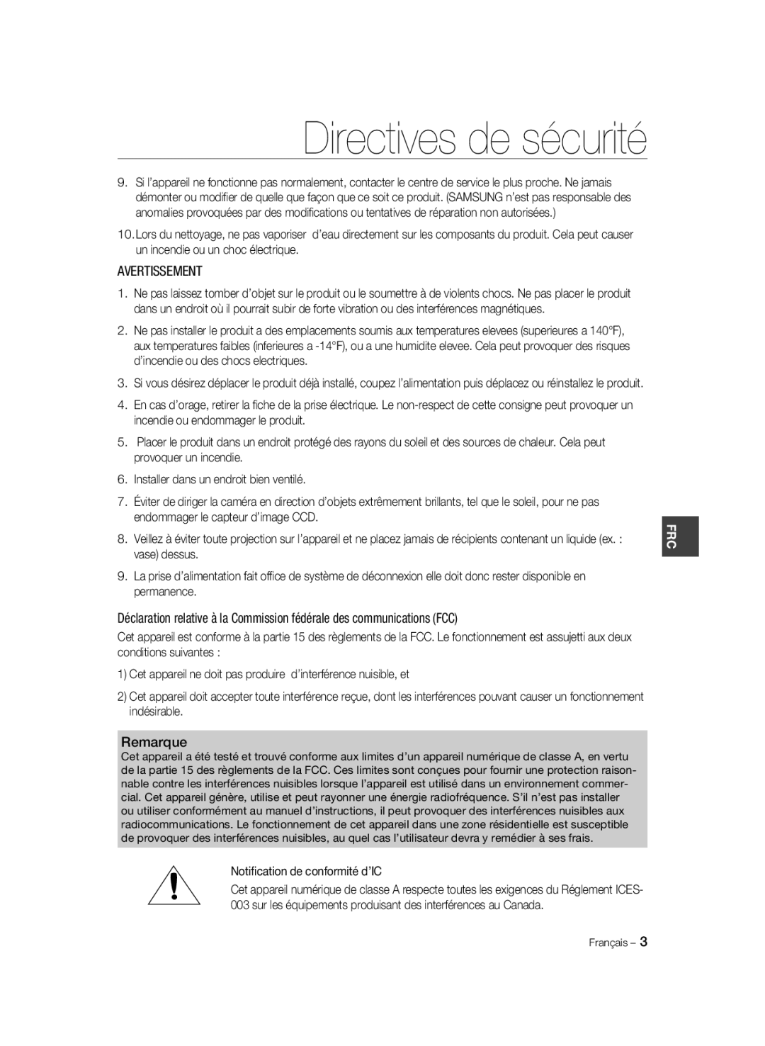 Samsung SCC-B1331BP, SCC-B1031P, SCC-B1331P, SCC-B1311P, SCC-B1031BP Directives de sécurité, Notiﬁcation de conformité d’IC 