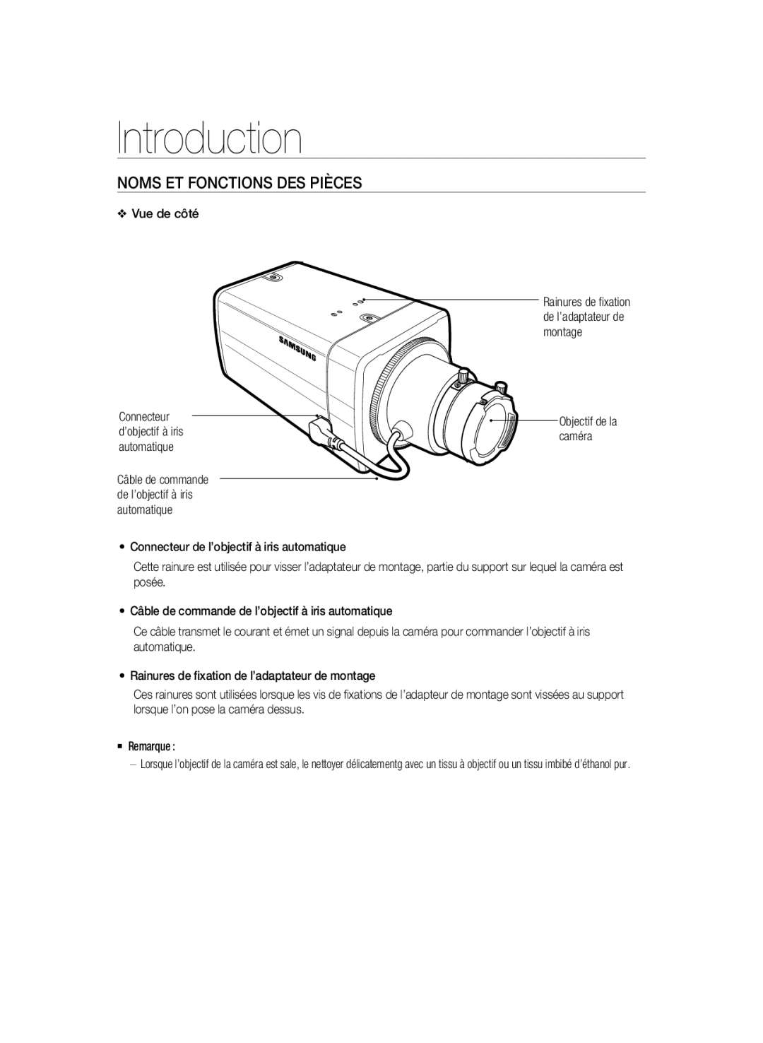 Samsung SCC-B1331BP, SCC-B1031P Noms ET Fonctions DES Pièces, Vue de côté, Connecteur de l’objectif à iris automatique 