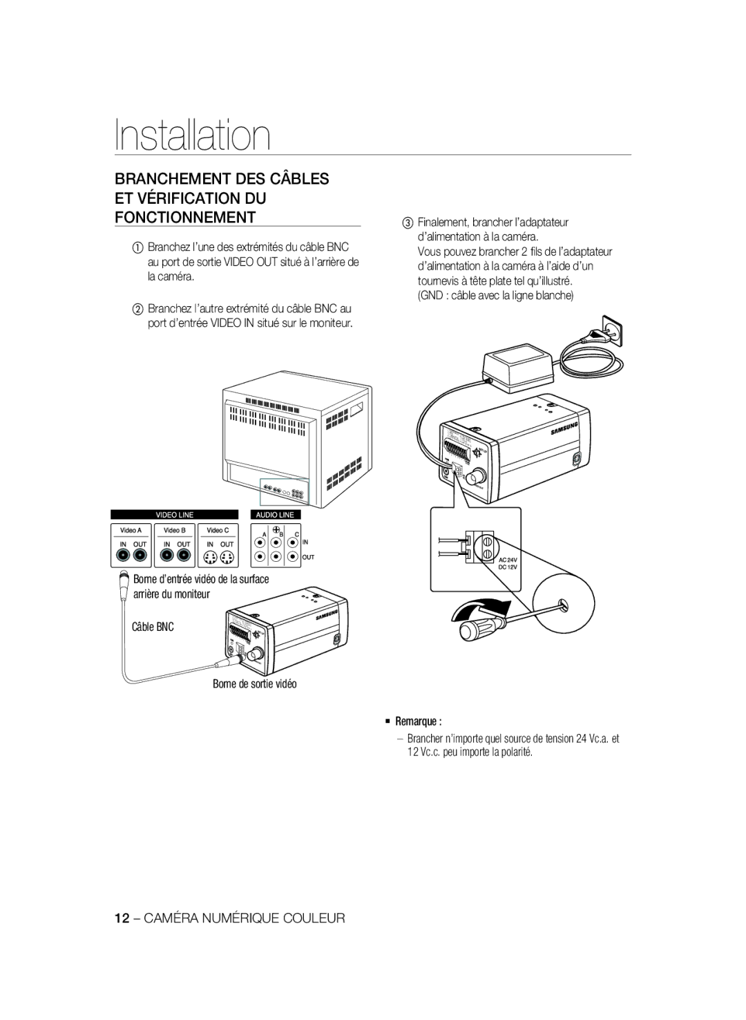 Samsung SCC-B1331P, SCC-B1031P Branchement DES Câbles ET Vérification DU Fonctionnement, GND câble avec la ligne blanche 