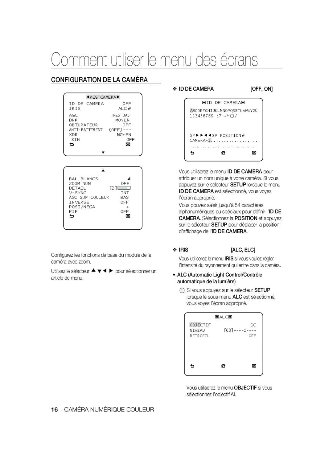 Samsung SCC-B1031P, SCC-B1331P, SCC-B1331BP, SCC-B1311P, SCC-B1031BP Configuration DE LA Caméra, ID DE CAMERAOFF, on, Iris 