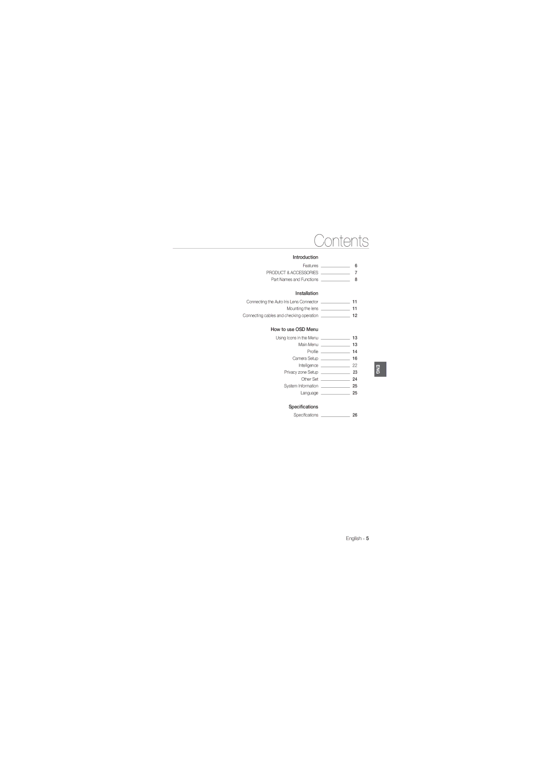 Samsung SCC-B1031P, SCC-B1331P, SCC-B1331BP, SCC-B1311P, SCC-B1031BP manual Contents 